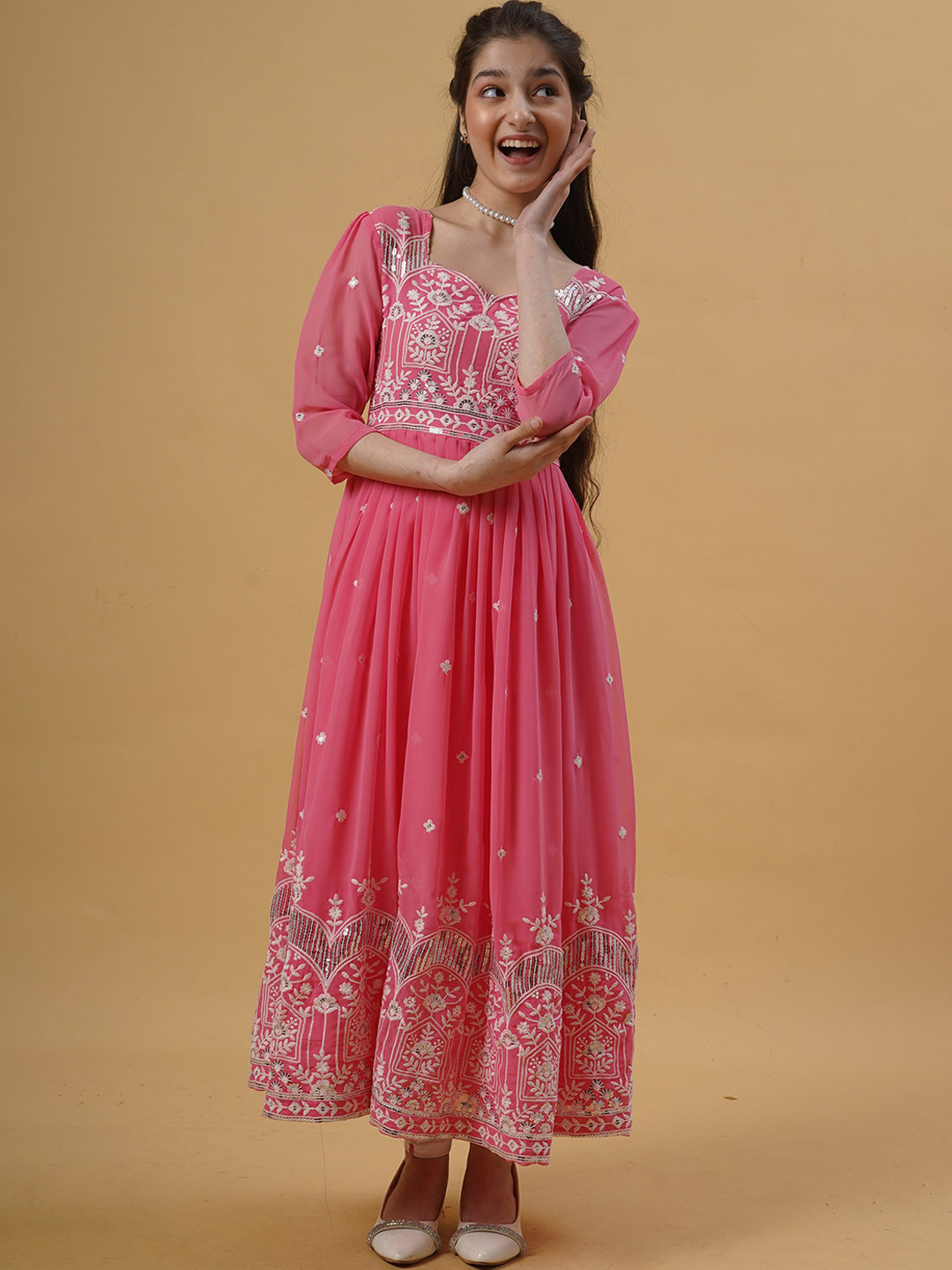 BAESD Girls Embroidered Sweetheart Neck Fit and Flare Gown Dress With Dupatta