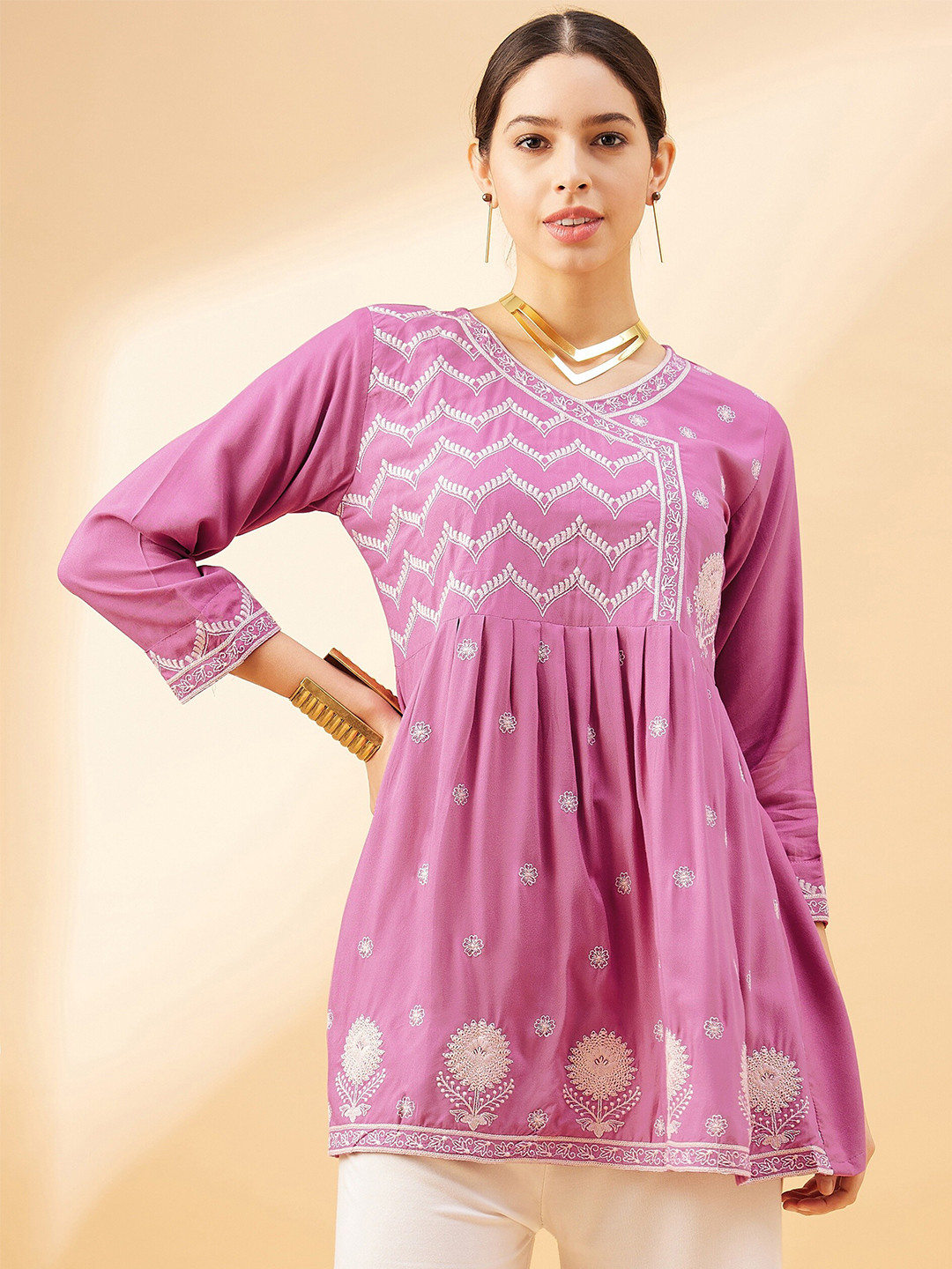 Routes by All About You Pink Geometric Printed V-Neck A-Line Top