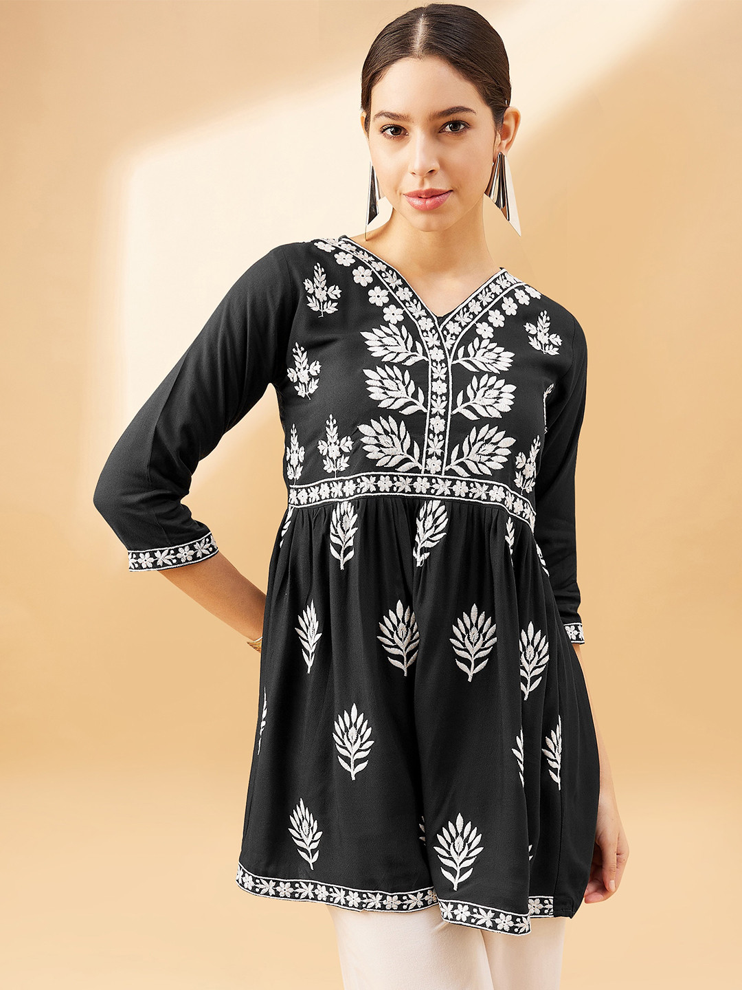 Routes by All About You Black Floral Embroidered V-Neck A-Line Longline Top