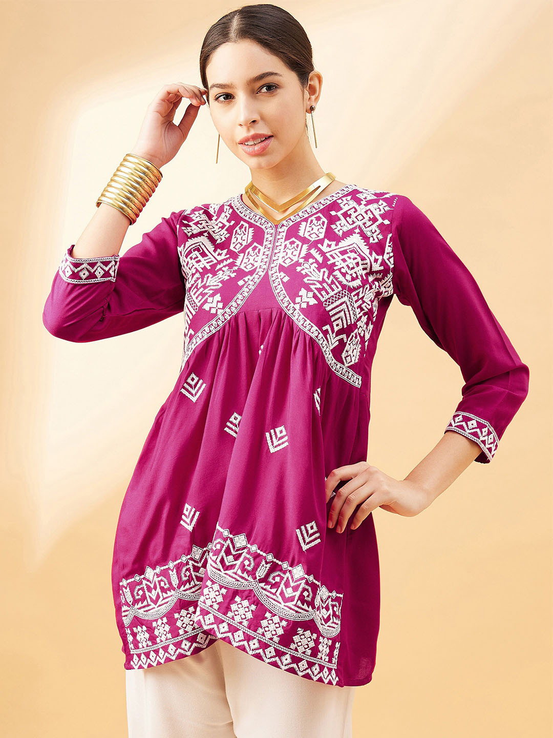 Routes by All About You Pink Floral Embroidered V-Neck A-Line Top