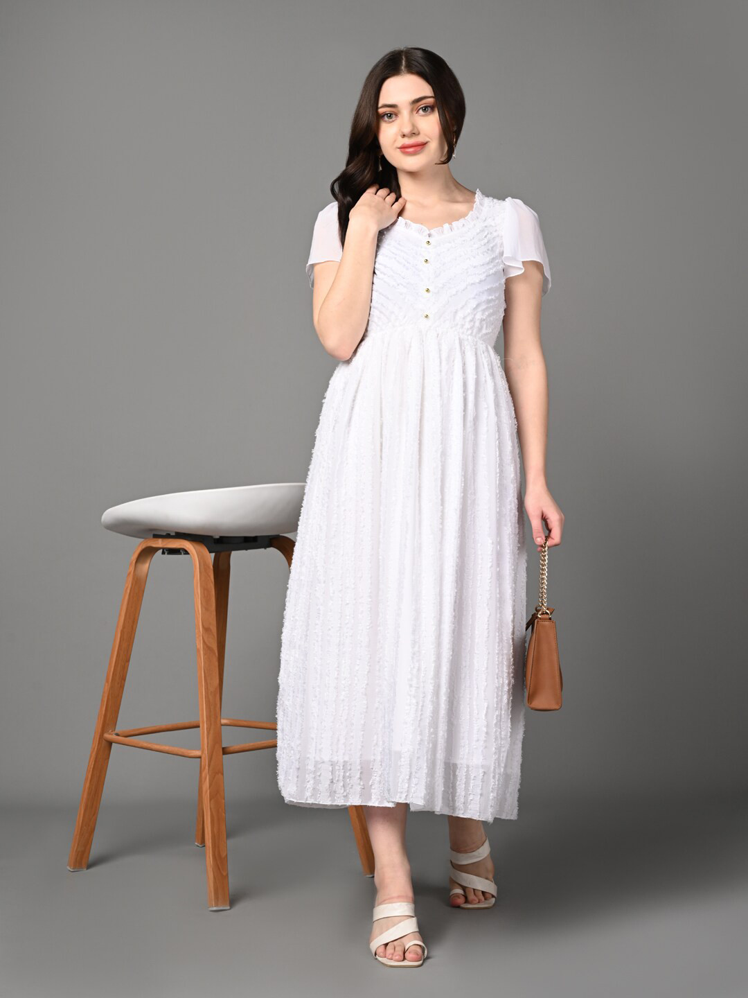 Justin Whyte Self Design Flutter Sleeve Jacquard Fit and Flare Midi Dress