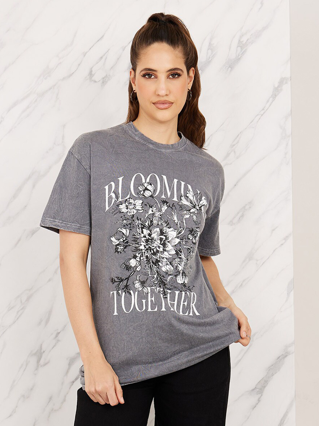 Styli Oversized Blooming Together Graphic Print Longline T-Shirt