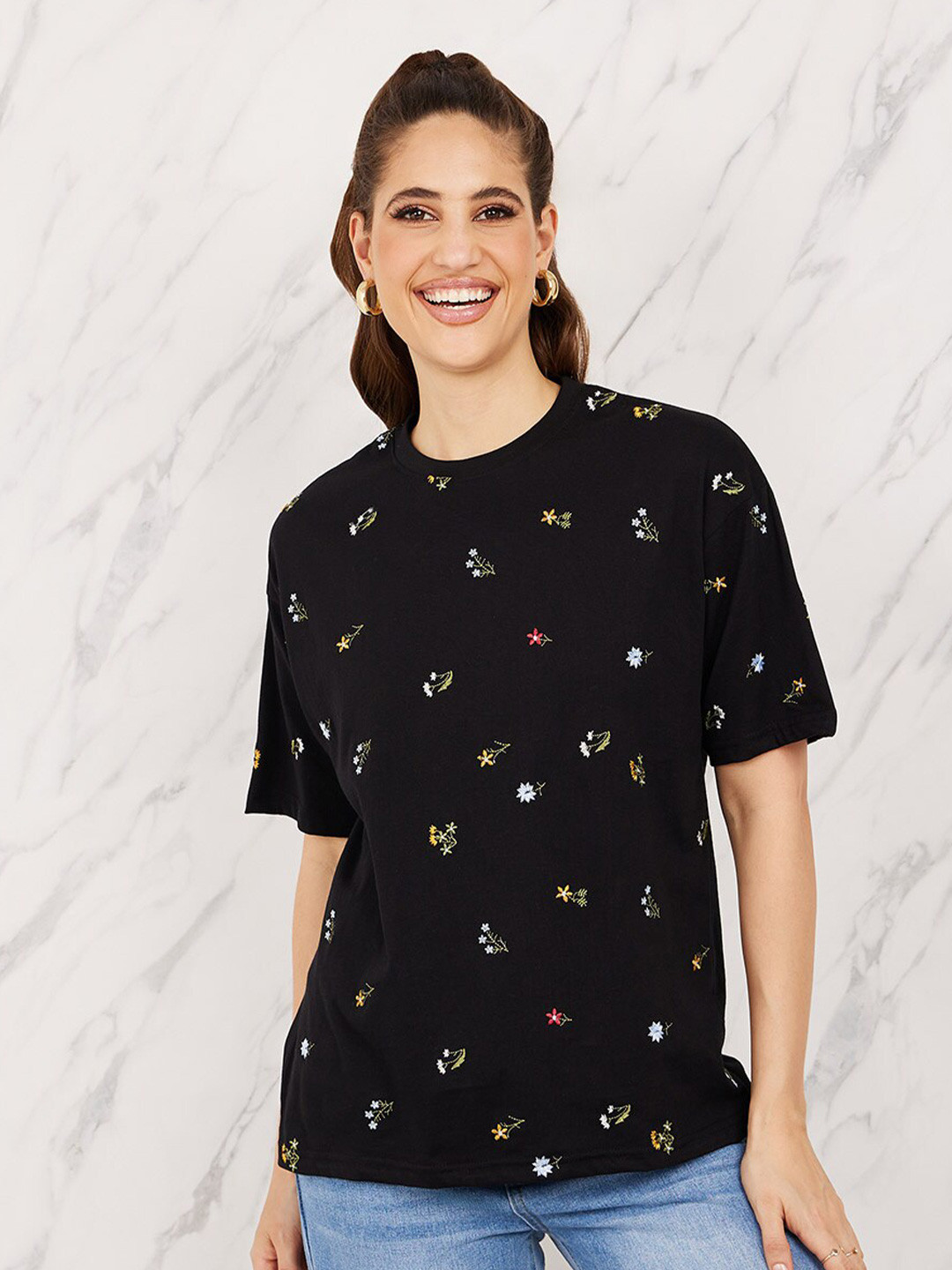 Styli Oversized All Over Embroidered Round Neck Longline T-Shirt