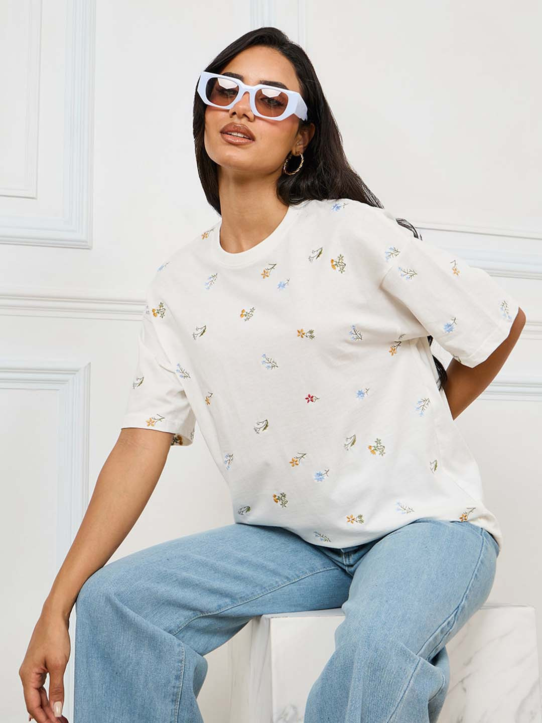 Styli Oversized All Over Embroidered Round Neck Longline T-Shirt