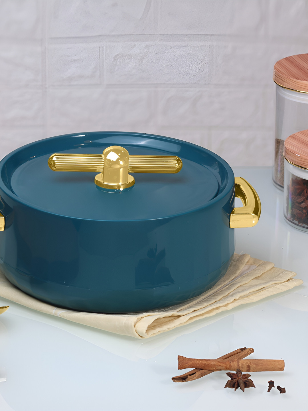 SELVEL Green & Gold Toned Porcelain Dishwasher Safe Serving Casserole