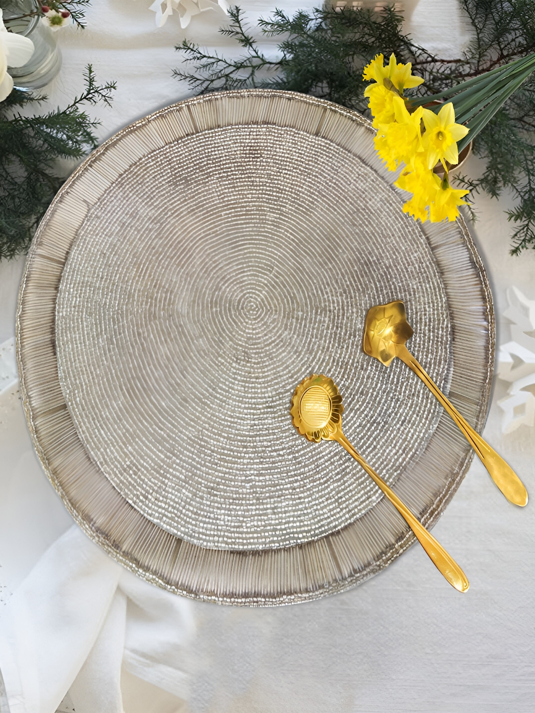 Good Vibes Grey Beaded Round Shaped Table Placemat