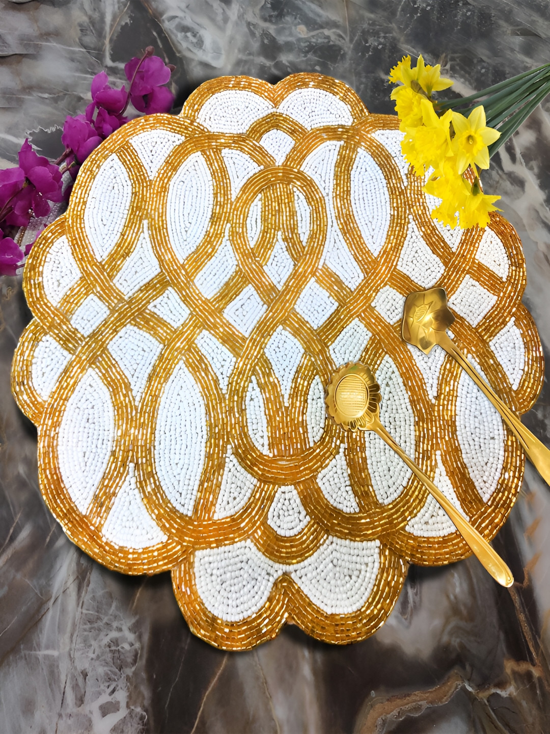 Good Vibes White & Gold Toned Beaded Round Shaped Table Placemat