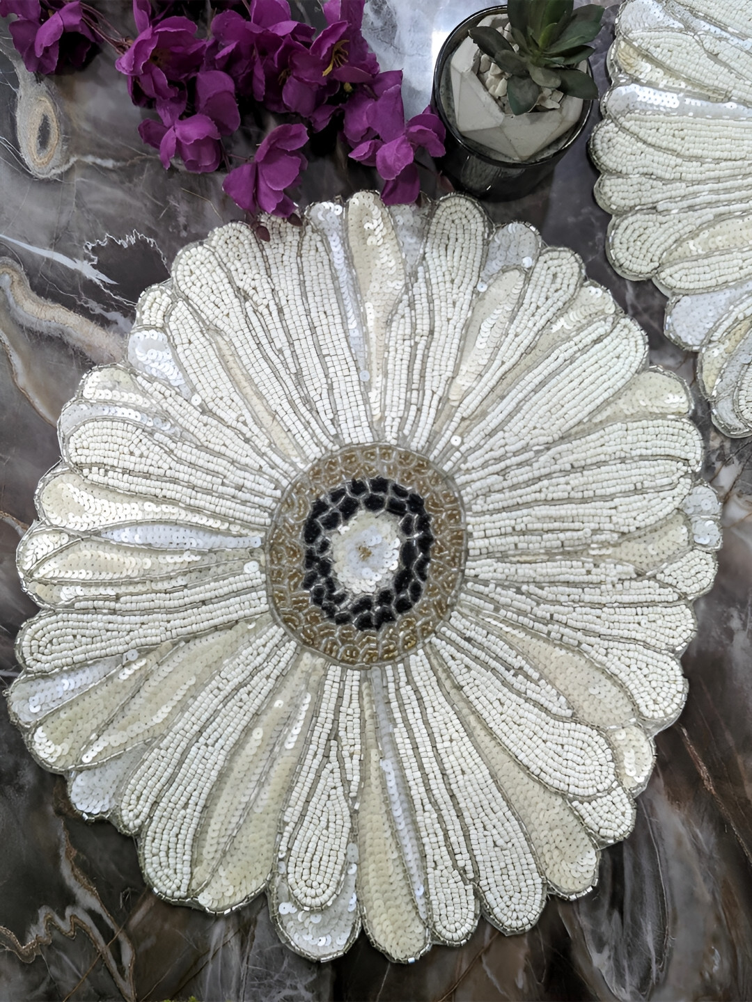 Good Vibes White & Grey Beaded Flower Shaped Table Placemat