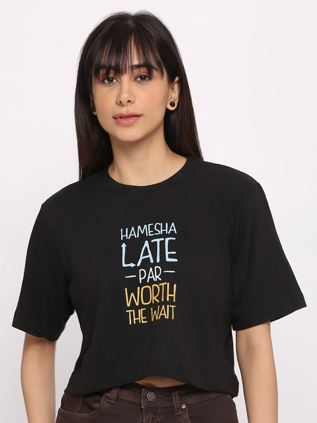Pink Guava Typography Printed Round Neck Oversized Cotton Crop T-shirt