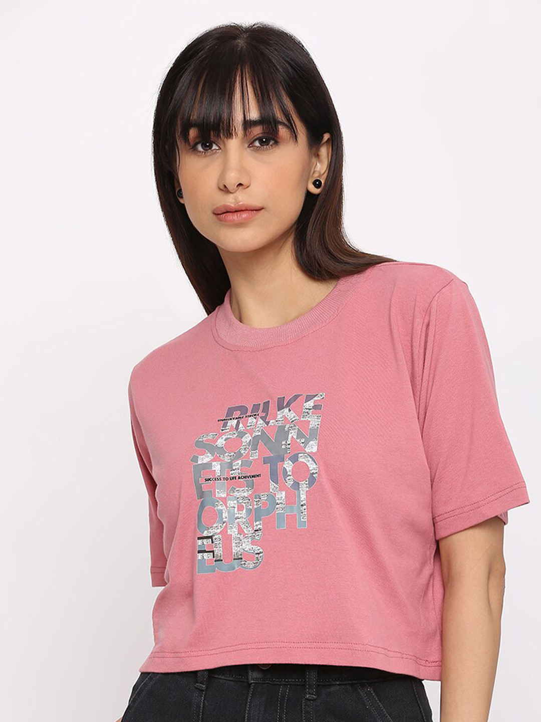 Pink Guava Typography Printed Round Neck Oversized Cotton Crop T-shirt