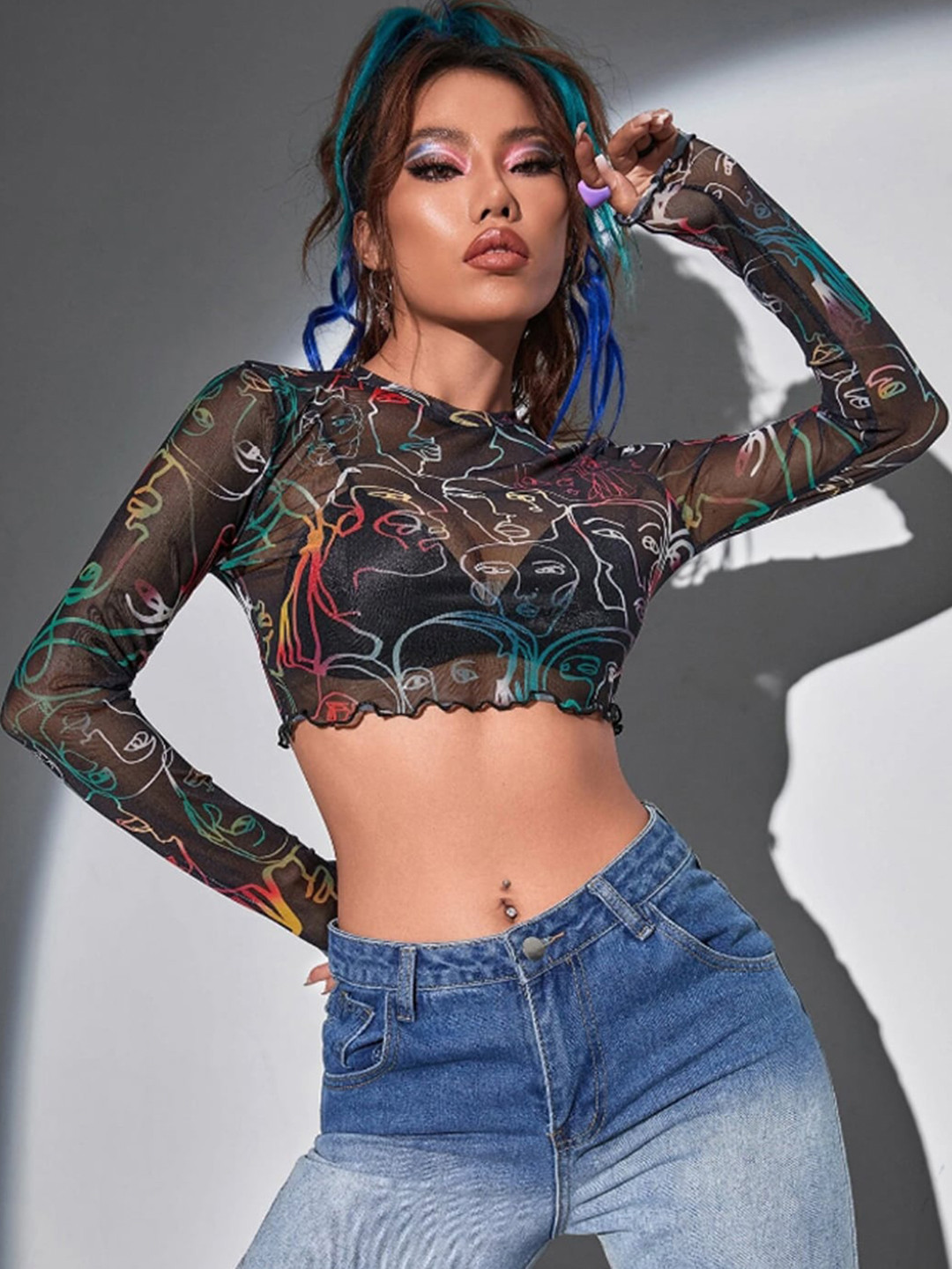 BAESD Floral Printed Semi Sheer Fitted Crop Top
