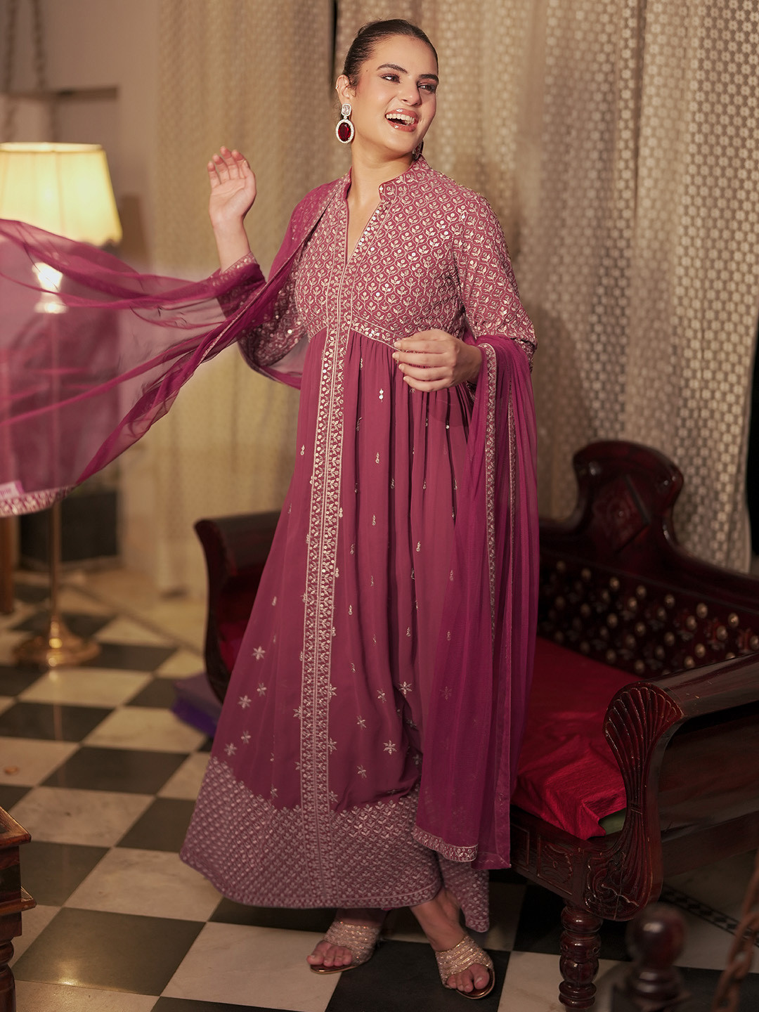 Libas Mauve Ethnic Motifs Embroidered Mandarin Collar Georgette Sequinned A-Line Kurta Set