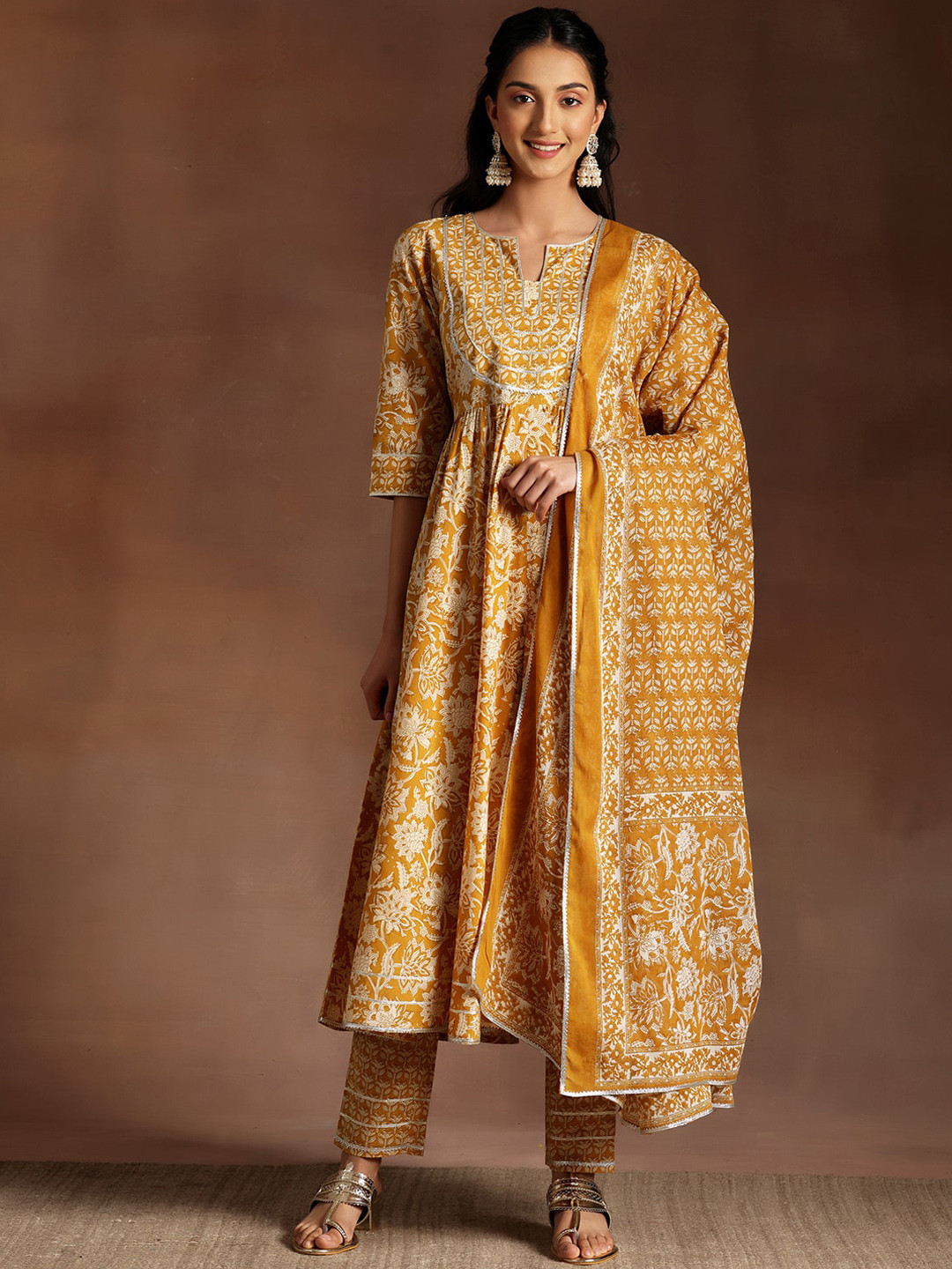 Libas Womens Mustard Printed Cotton Anarkali Kurta With Trousers & Dupatta