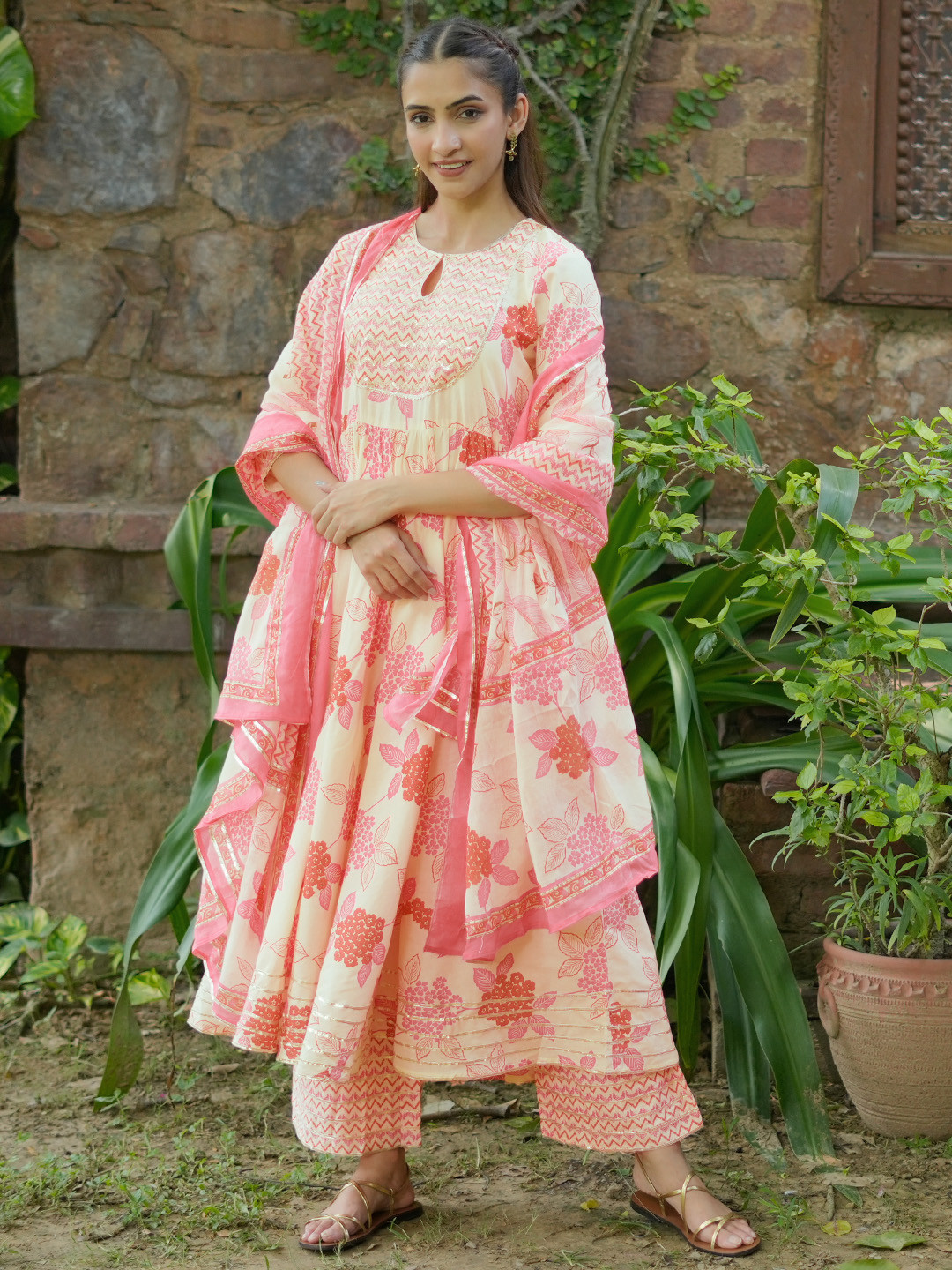Libas Womens Orange Printed Cotton Anarkali Kurta With Palazzos & Dupatta