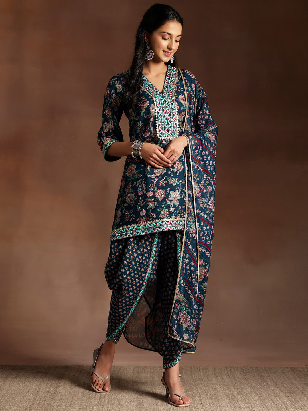 Libas Floral Printed Regular Sequinned Kurti with Dhoti Pant & Dupatta