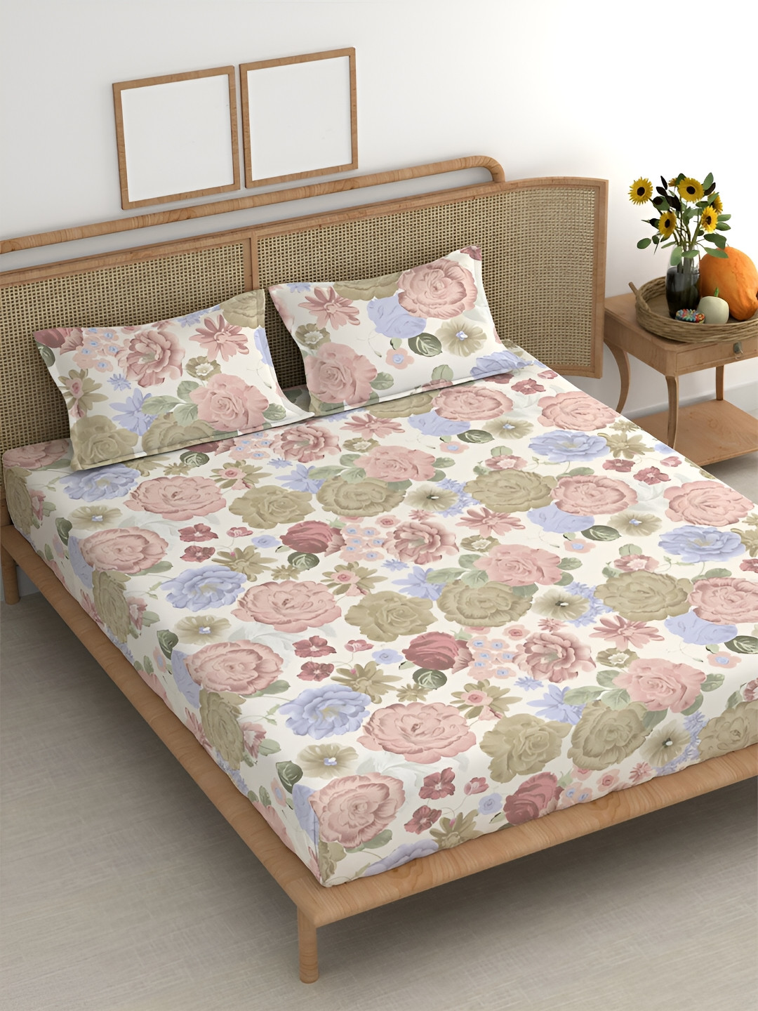 Srijee Decors Same Beige Floral Cotton 210 TC Fitted King Fine Bedsheet with 2 Pillow Covers-78 x 72 inches