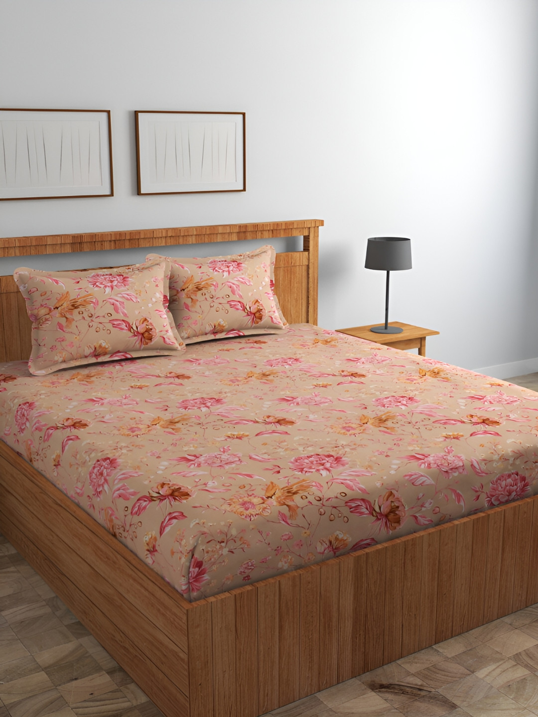 Srijee Decors Tan Floral Cotton 210 TC Fitted King Fine Bedsheet with 2 Pillow Covers-198 x 182 cm