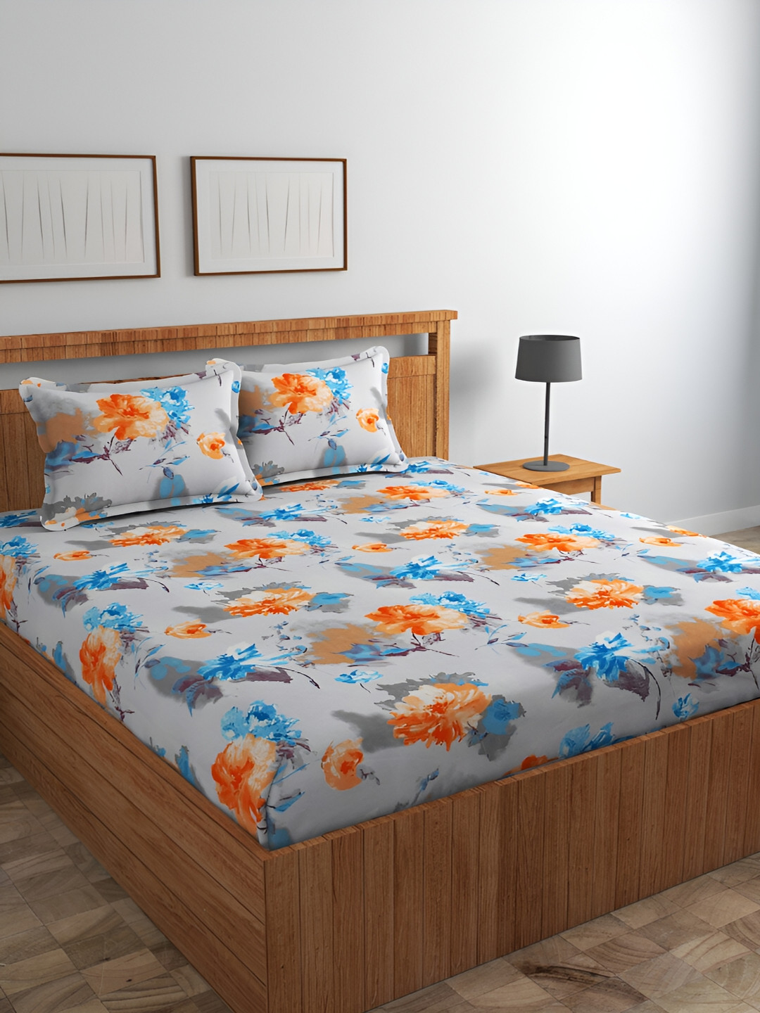 Srijee Decors Blossom Breeze Blue Floral Cotton 210 TC Fitted King Fine Bedsheet with 2 Pillow Covers-78 x 72 inches
