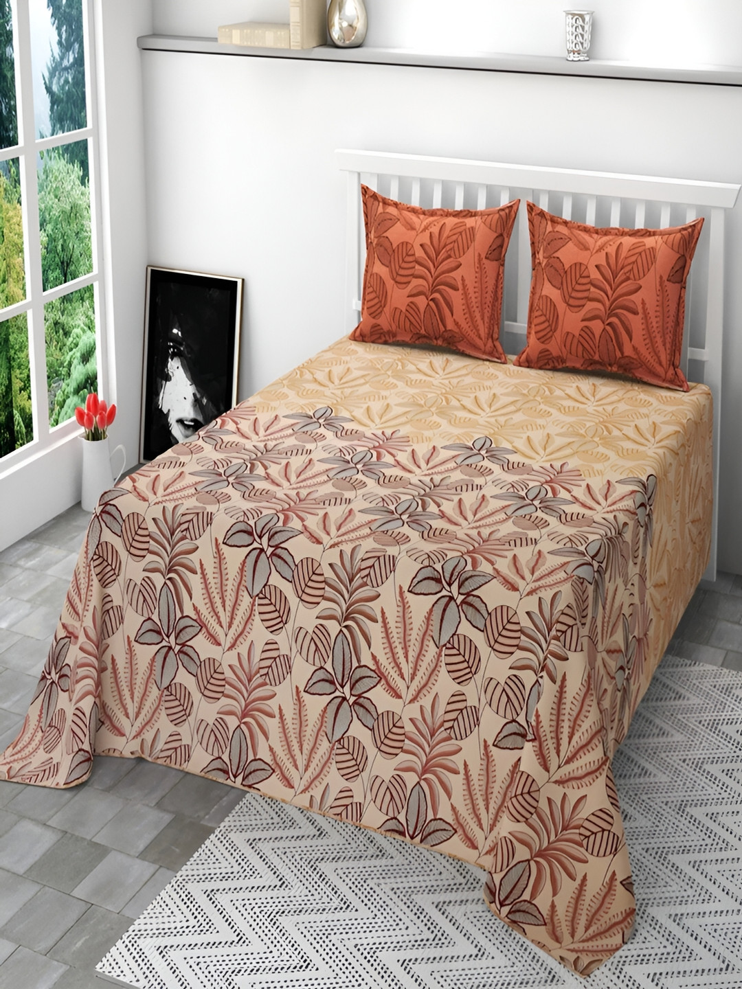 Srijee Decors Rowan Brown Ethnic Motifs Polycotton 210 TC Fitted King Fine Bedsheet with 2 Pillow Covers-78 x 72 inches
