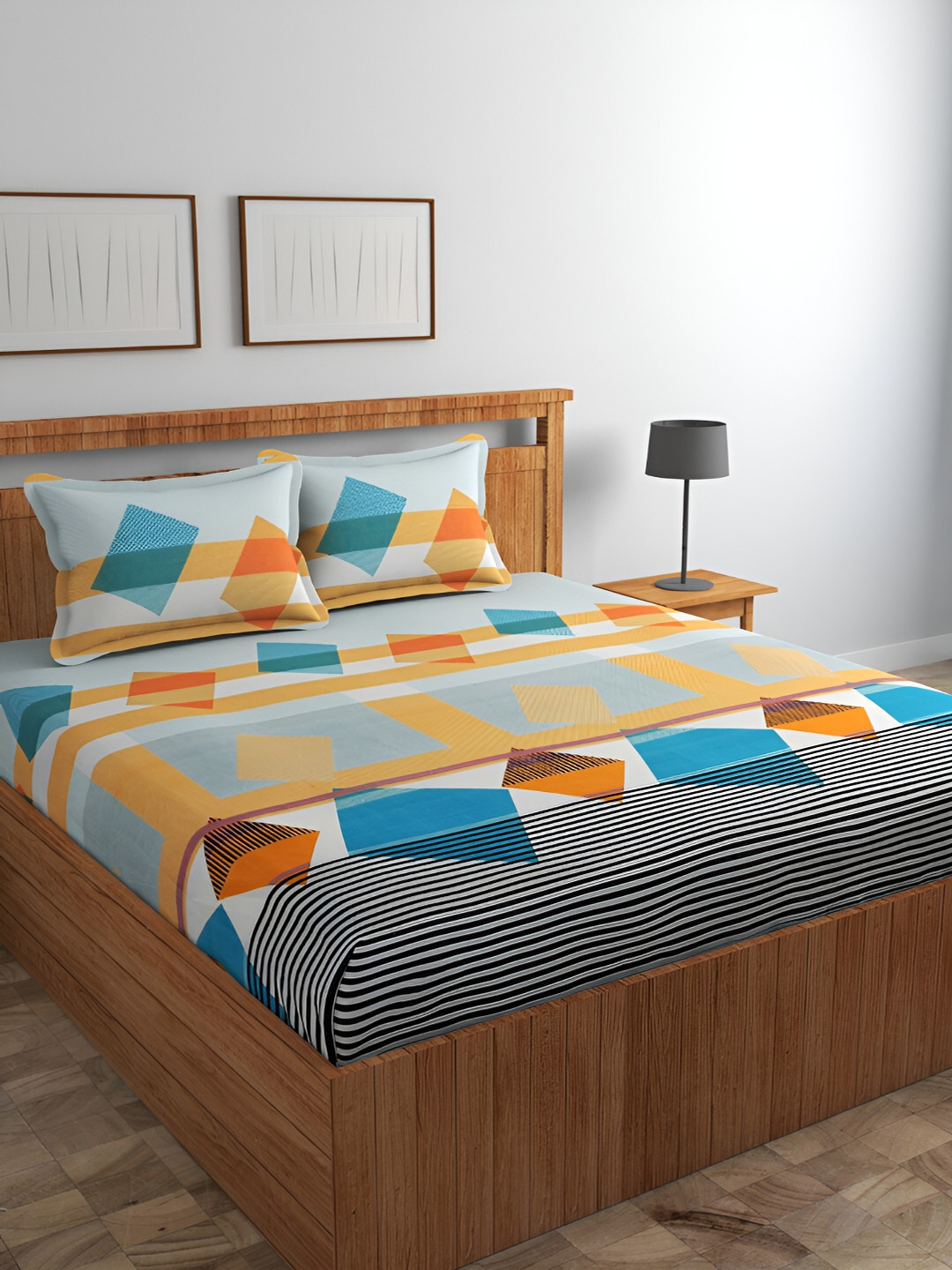 Srijee Decors Grid Glow Orange Geometric Polycotton 210 TC Fitted King Fine Bedsheet with 2 Pillow Covers-87 x 93 inches