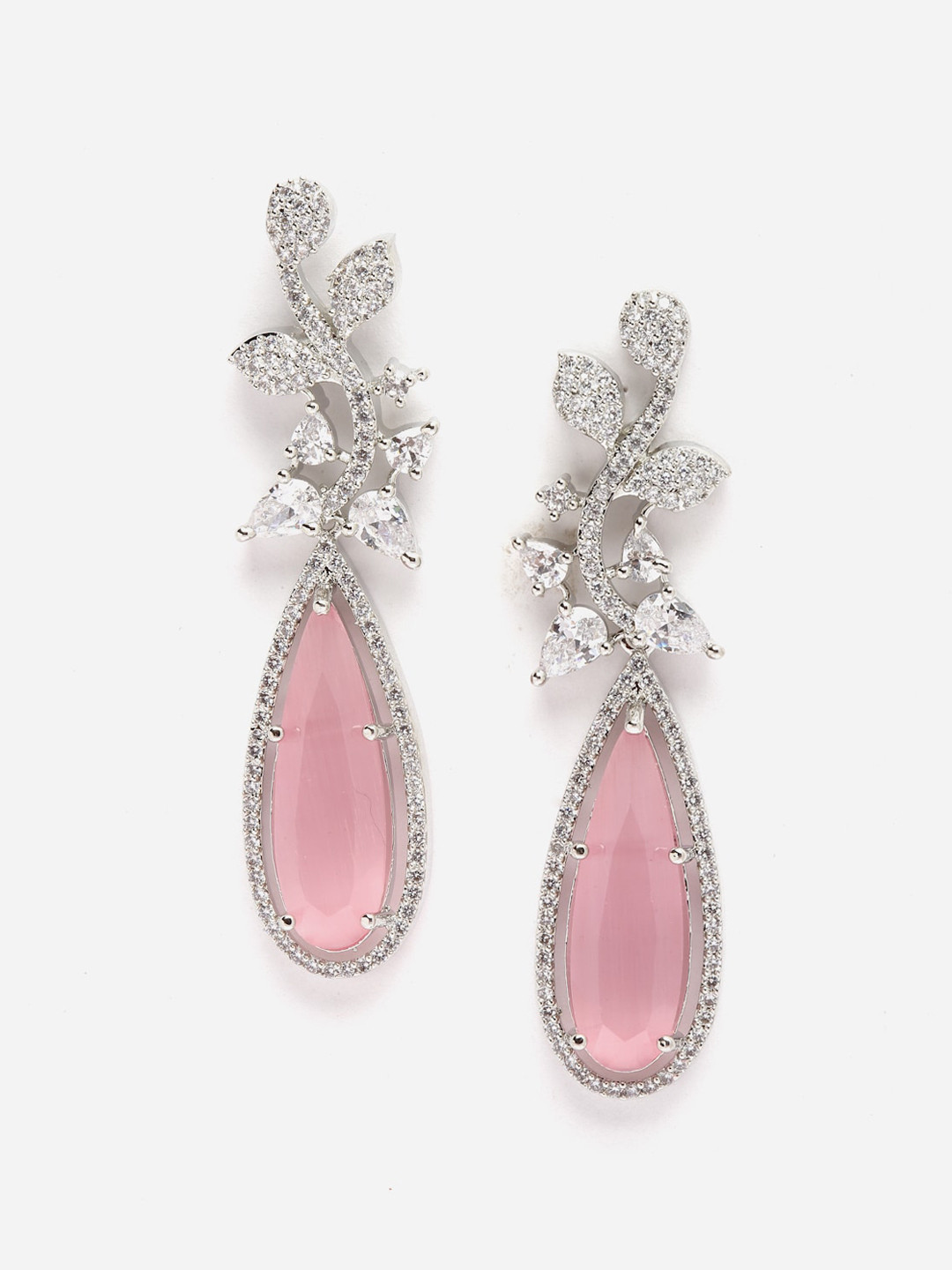 DressBerry Pink Rhodium-Plated AD Teardrop Shaped Drop Earrings