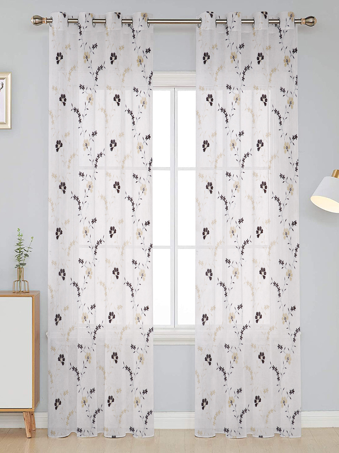 RIDHAAN White & Coffee Brown 2 Pieces Floral Printed Sheer Door Curtains