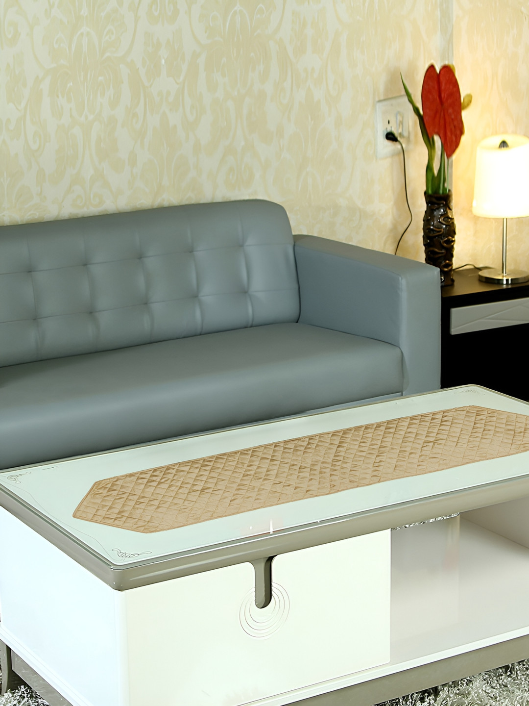 Home Heart Cream-Coloured Quilted Dupion Silk Reversible Table Runner