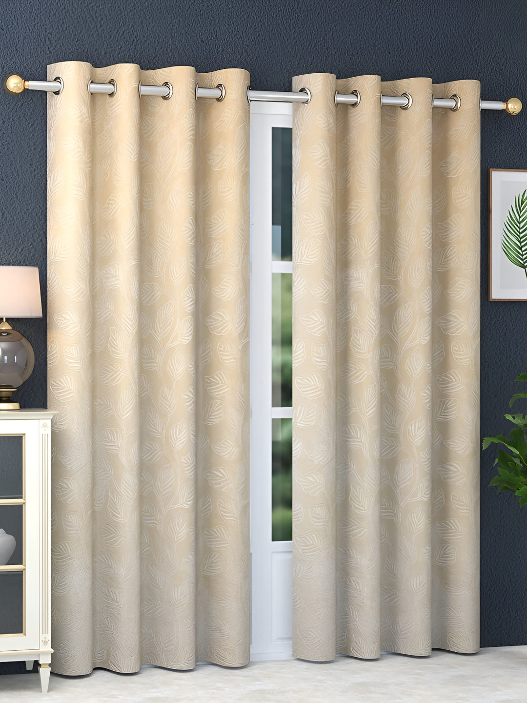 RIDHAAN Cream-Coloured & White 2 Pcs Floral Room Darkening Door Curtain