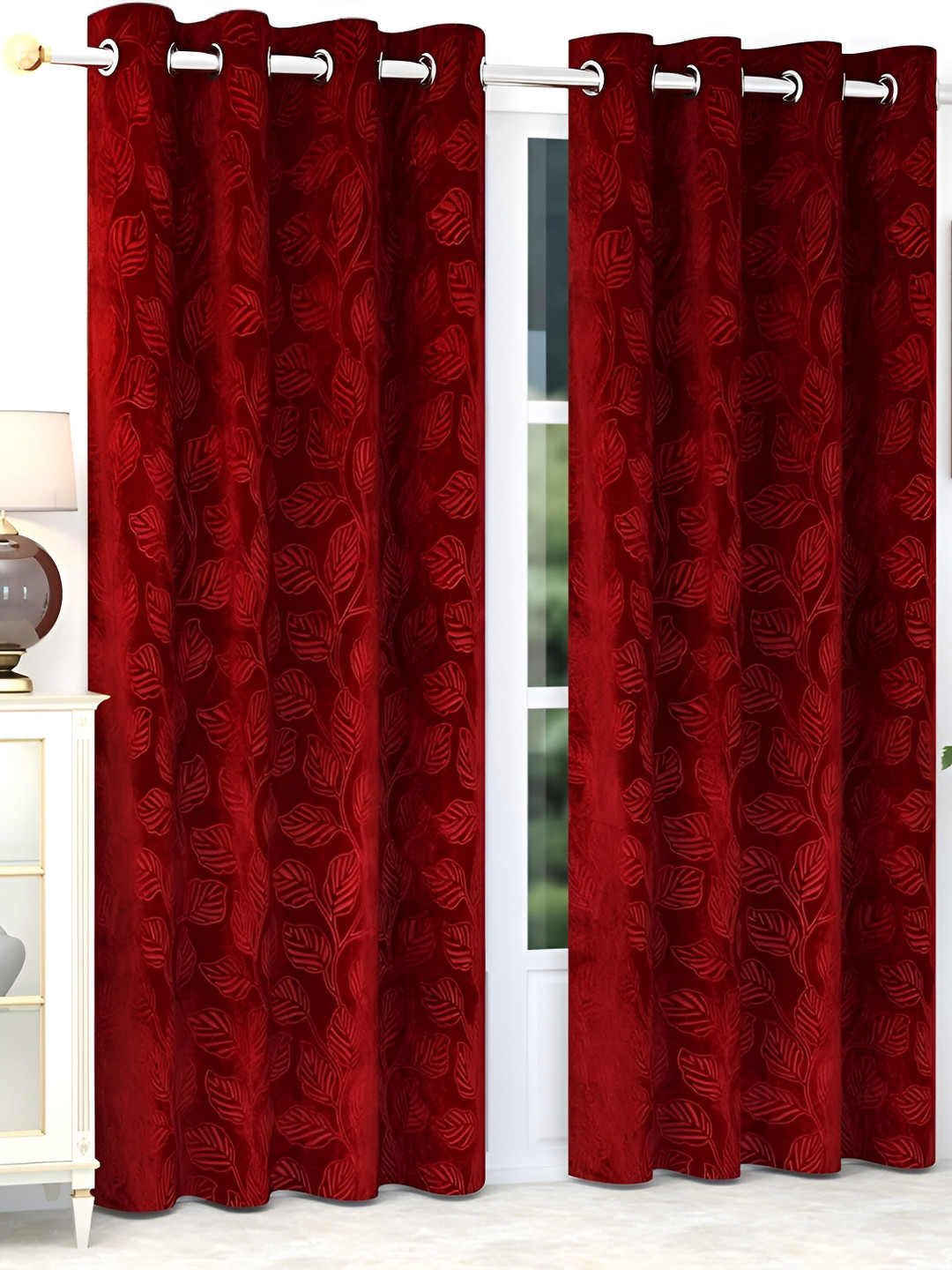 RIDHAAN Maroon 2 Pieces Floral Room Darkening Velvet Window Curtains