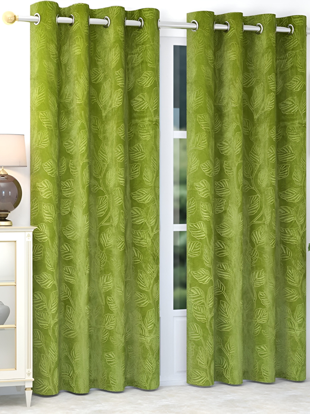 RIDHAAN Green & White 2 Pieces Floral Room Darkening Velvet Door Curtains