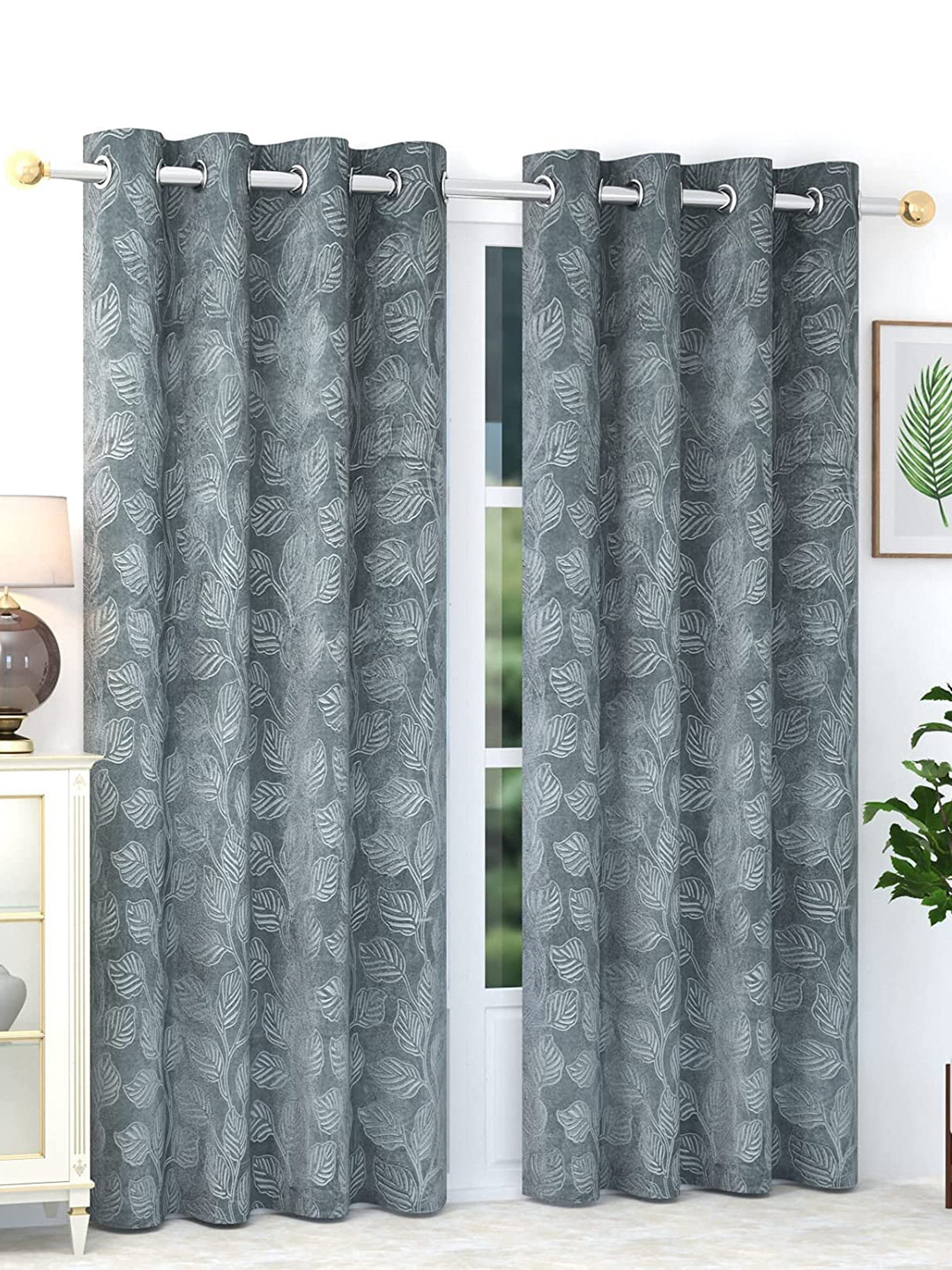 RIDHAAN Grey 2 Pieces Floral Room Darkening Velvet Long Door Curtain