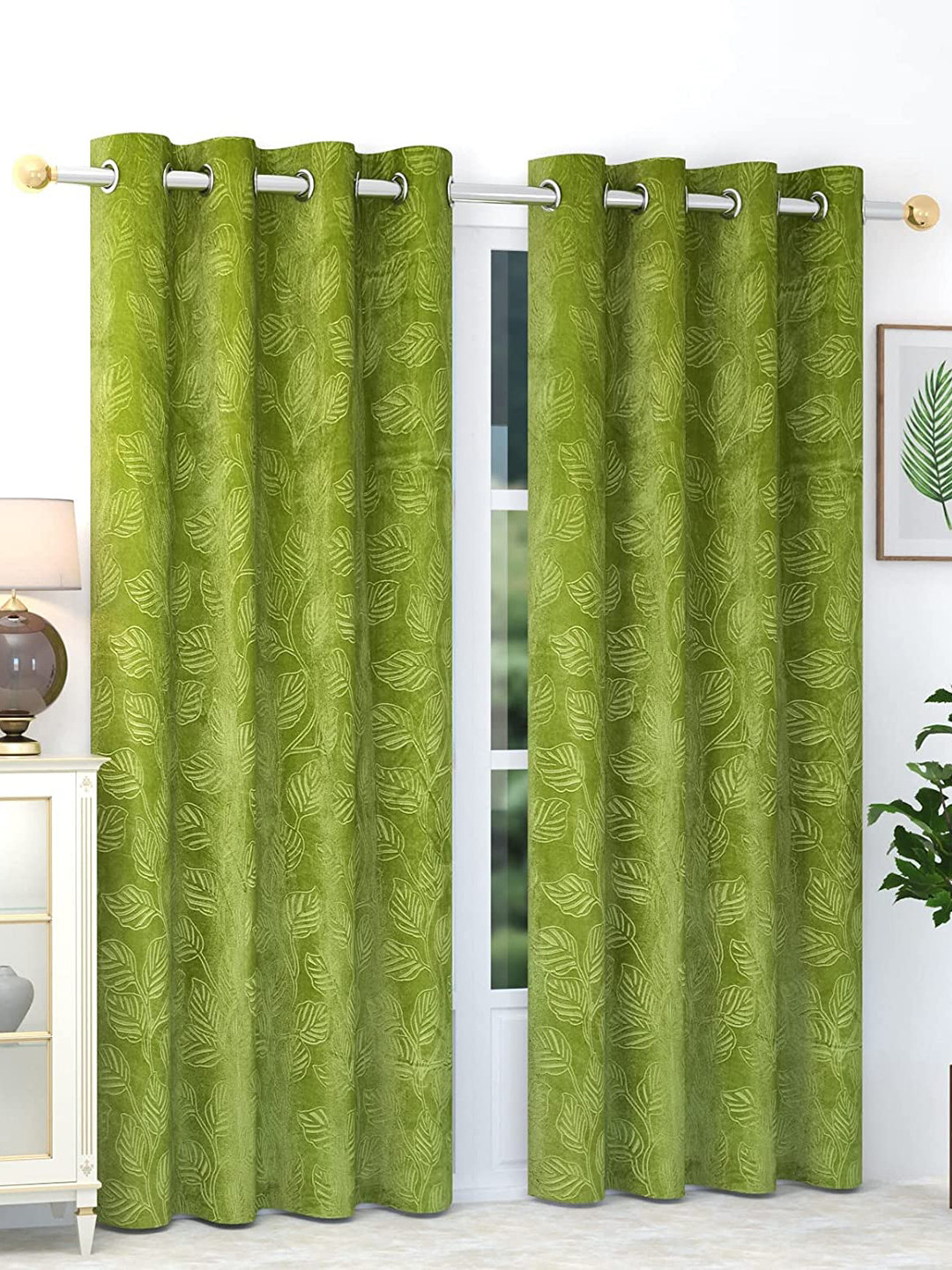 RIDHAAN Green 2 Pieces Floral Room Darkening Long Door Velvet Curtains