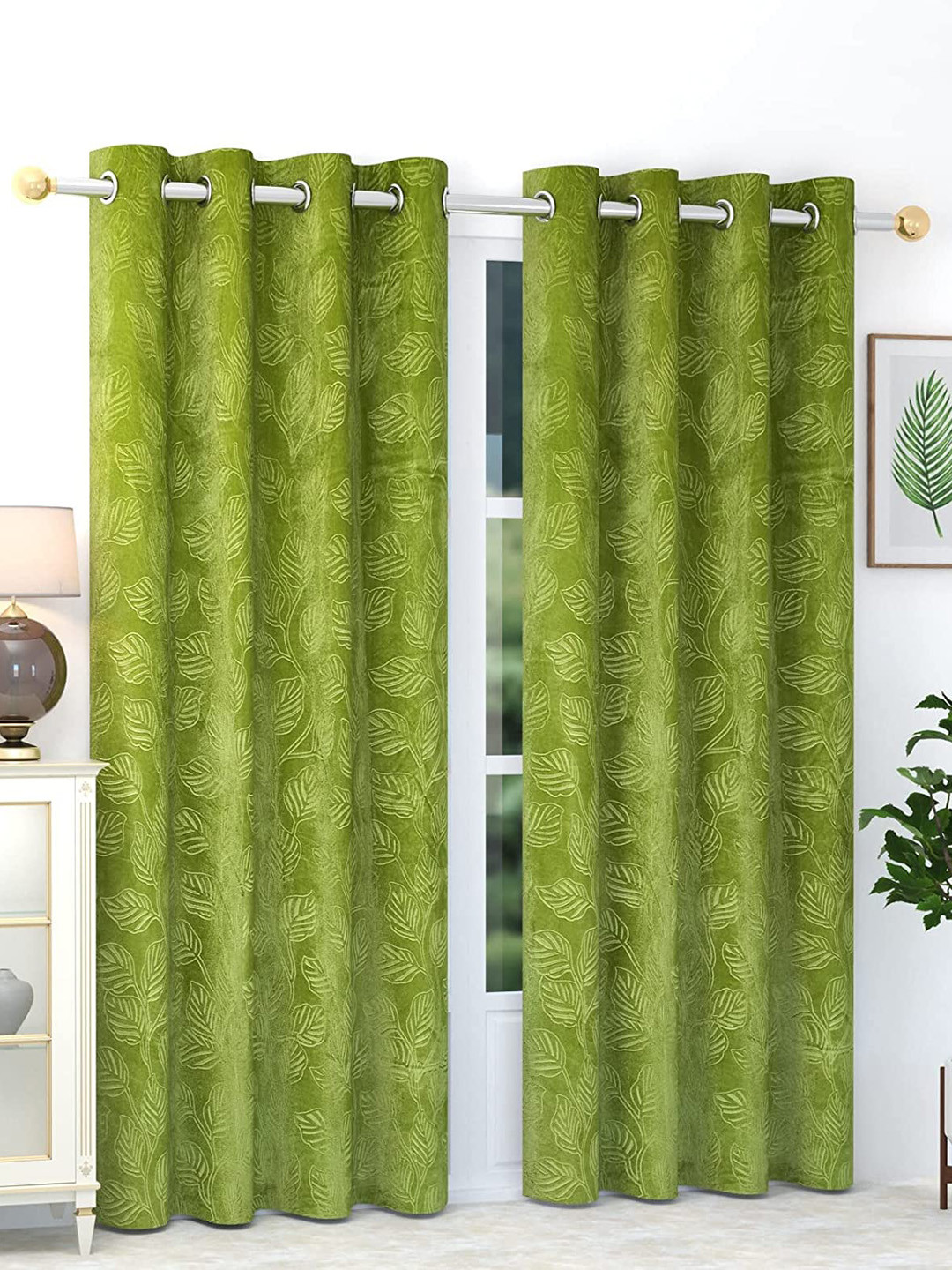 RIDHAAN Green 2 Pieces Floral Room Darkening Velvet Window Curtain