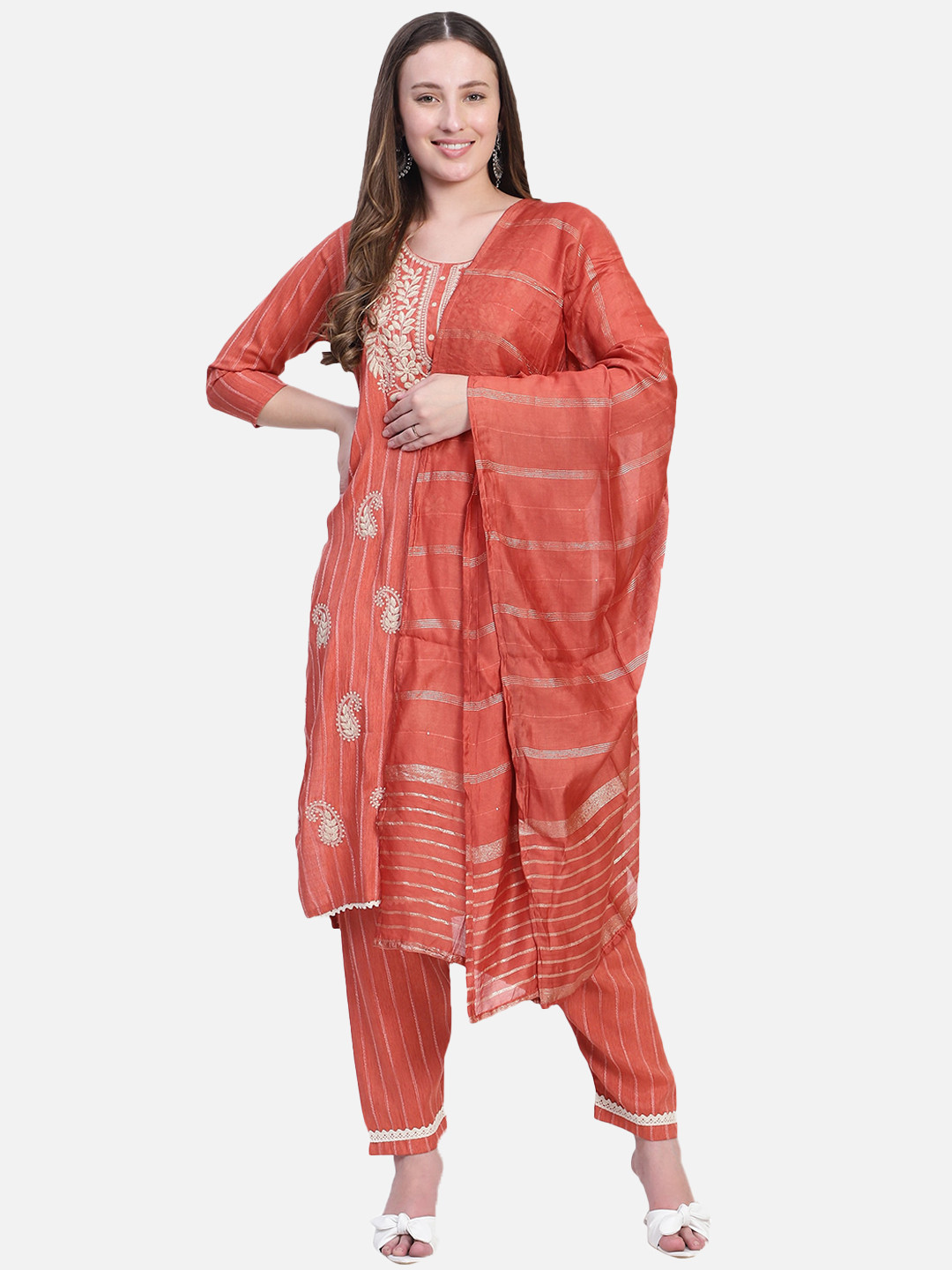 Rosecloud Floral Embroidered Straight Kurta with Trousers And Dupatta