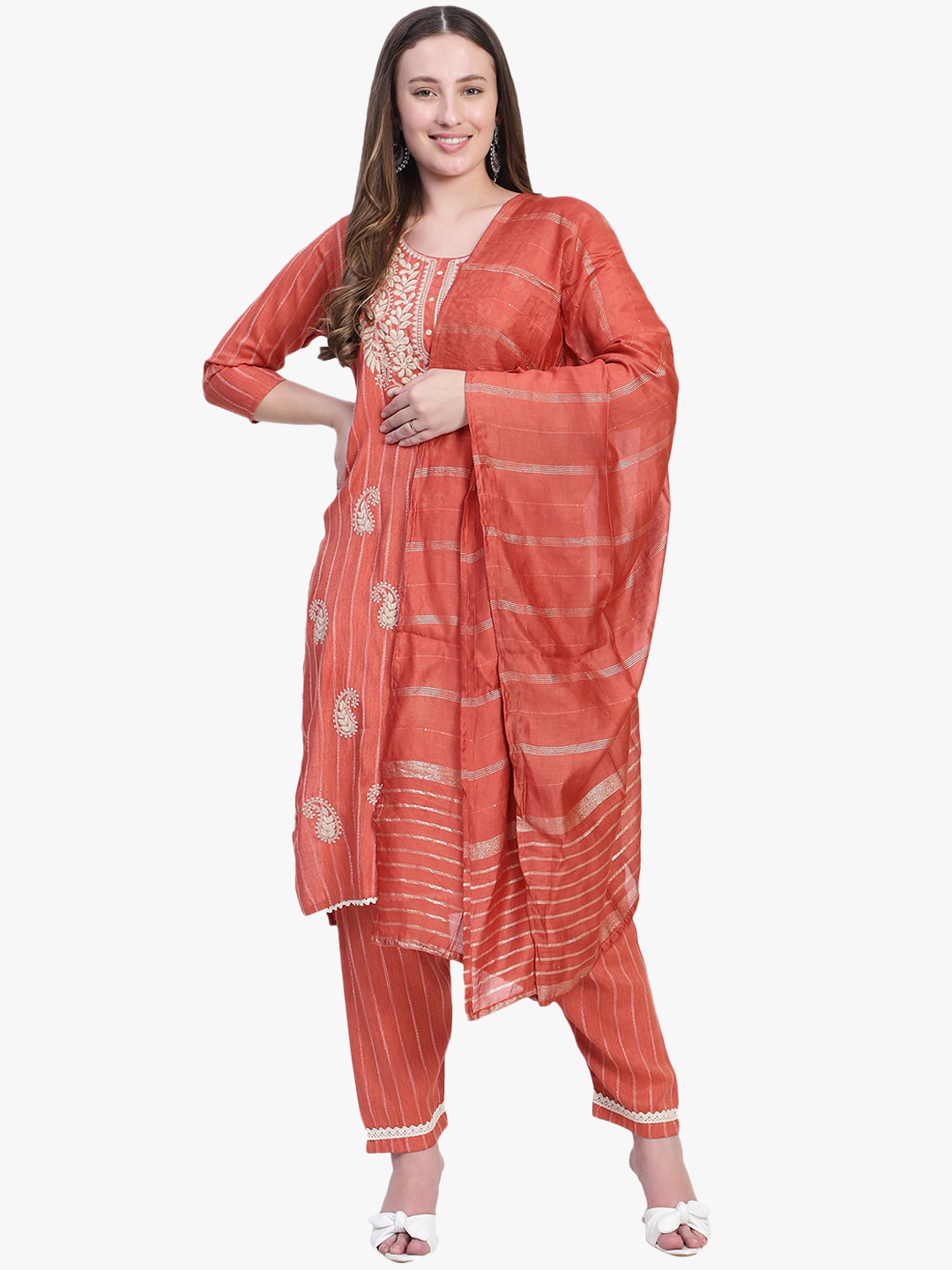 Rosecloud Floral Embroidered Straight Kurta with Trousers And Dupatta