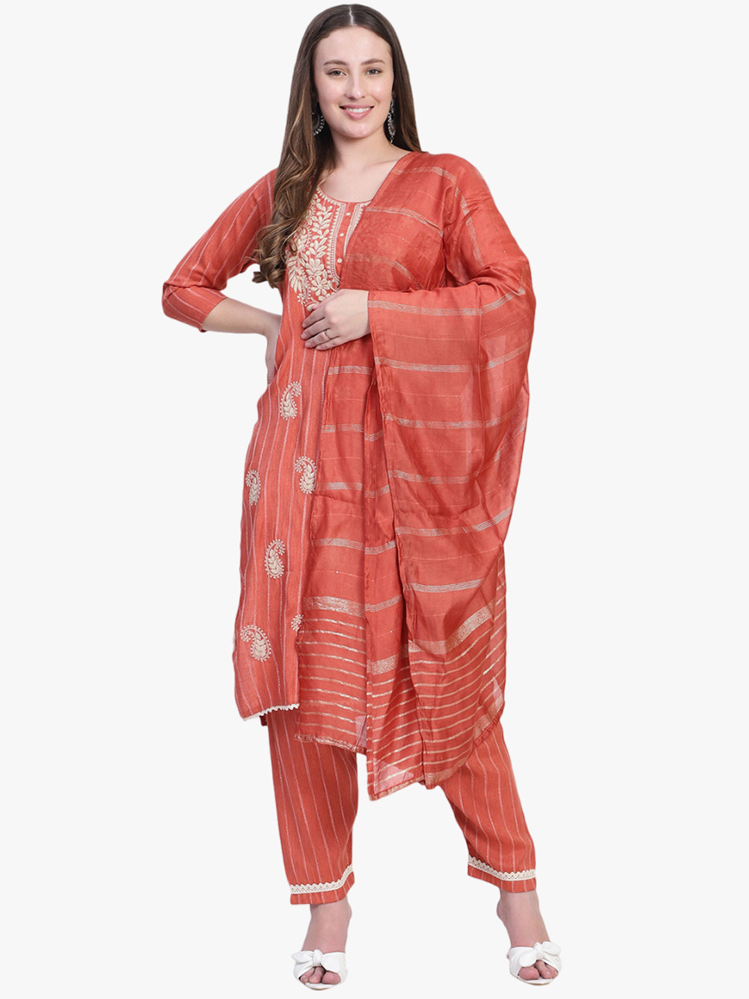 Rosecloud Floral Embroidered Straight Kurta with Trousers And Dupatta