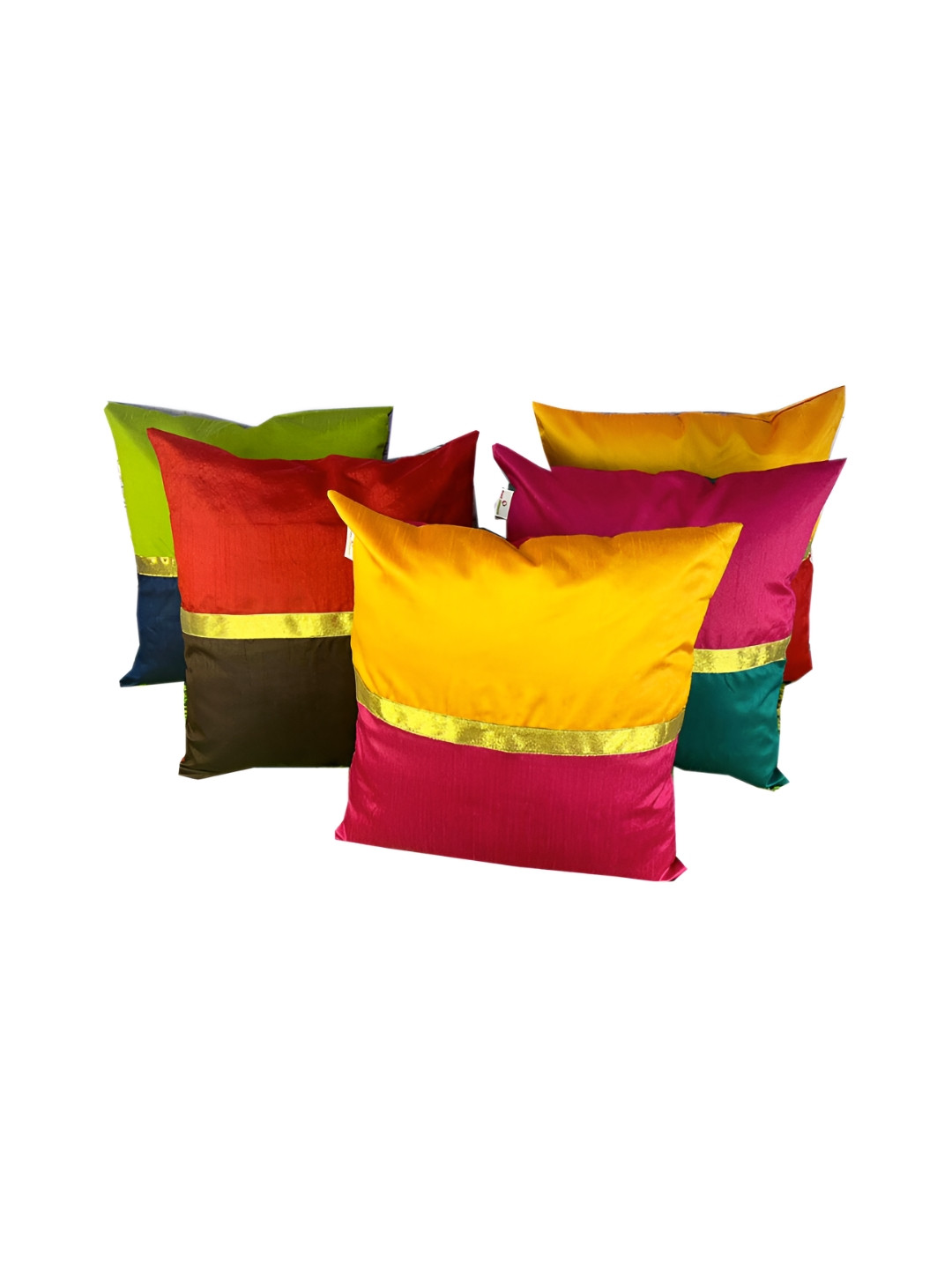 Pink Parrot Colourblocked Jacquard Silk Durable 5 Pcs Patchwork Cushion Covers -16x16In