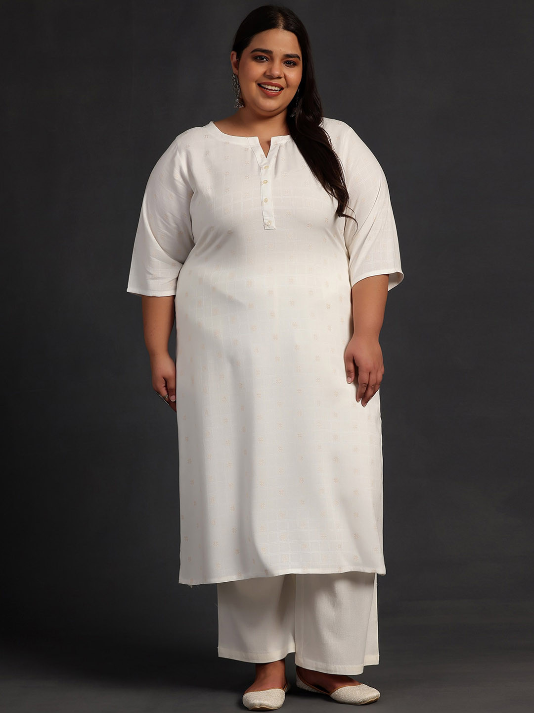 EXTRA LOVE BY LIBAS Plus Size Geometric Woven Design Notch Neck Straight Kurta