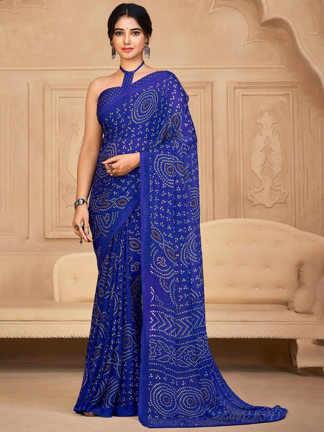 Reboot Fashions Printed Pure Chiffon Bandhani Saree
