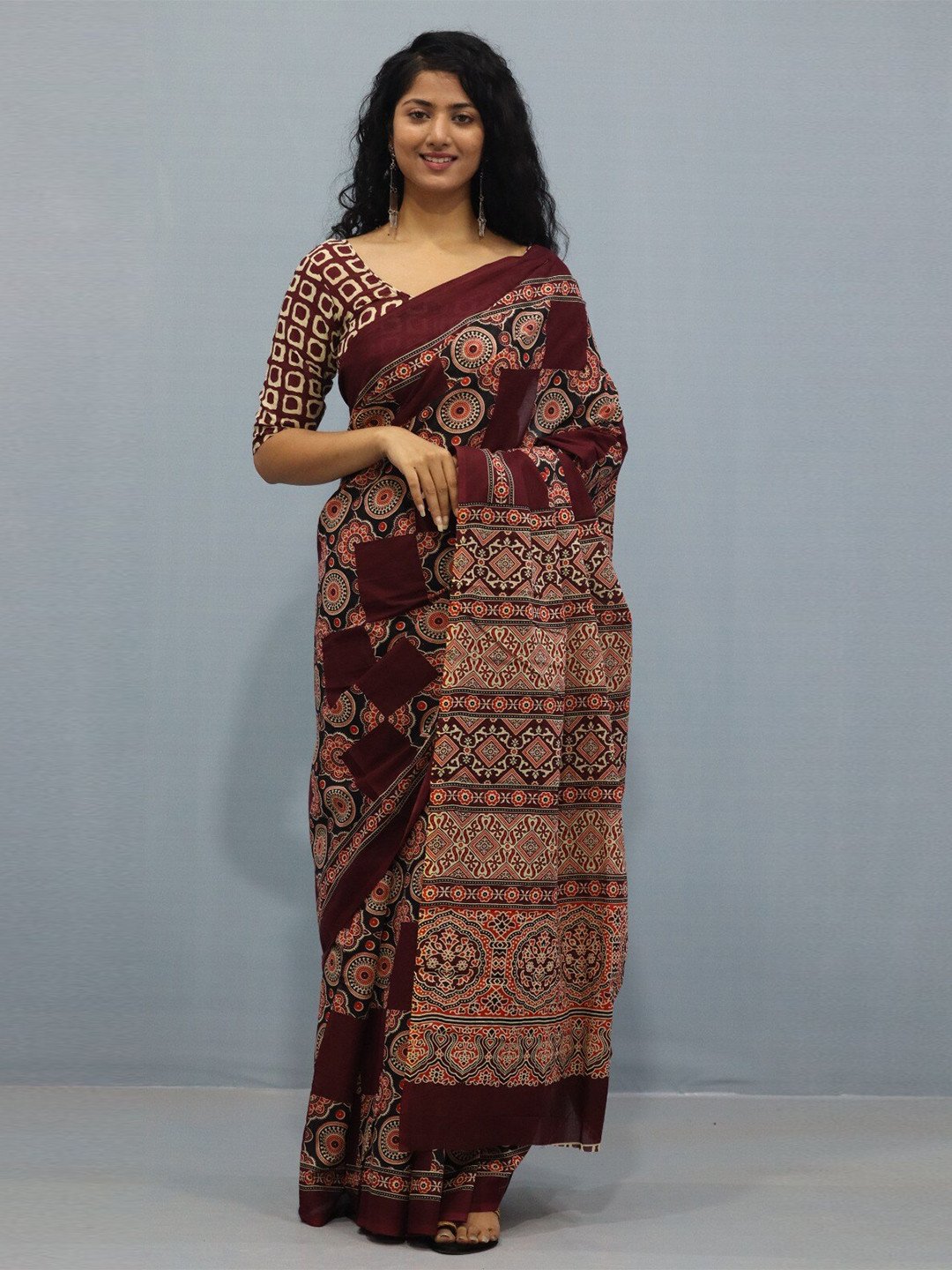 clothonus Ajrak Block Pure Cotton Block Print Saree