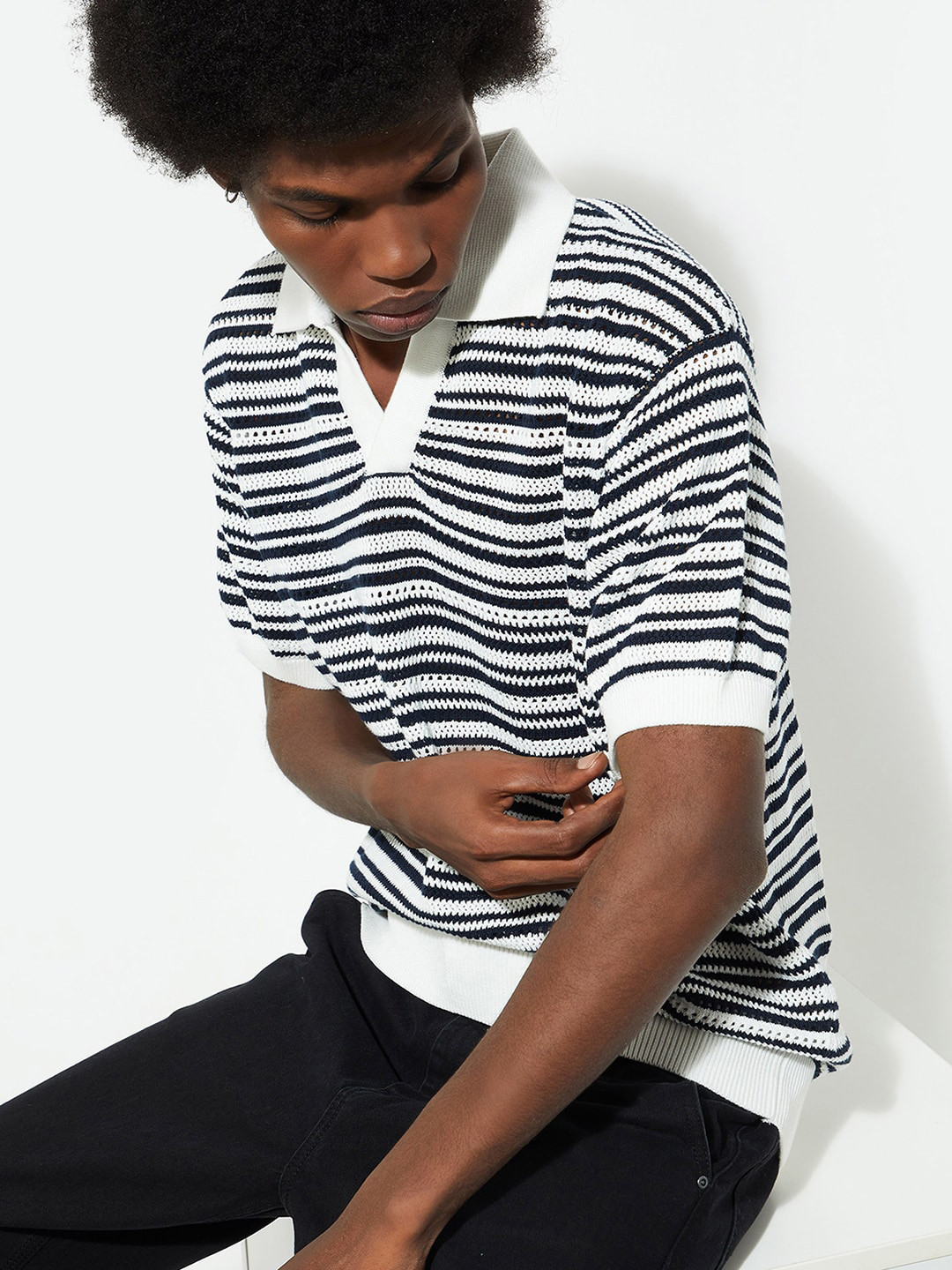 max URB_N Men Oversized Striped Knit Polo T-shirt