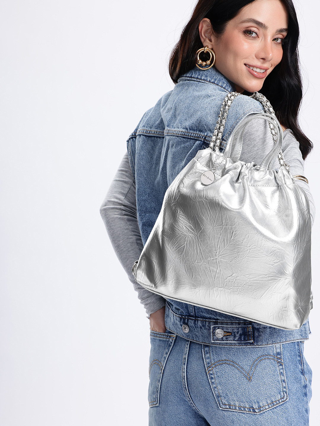 Mast & Harbour Women Silver Metallic Collge Backpack