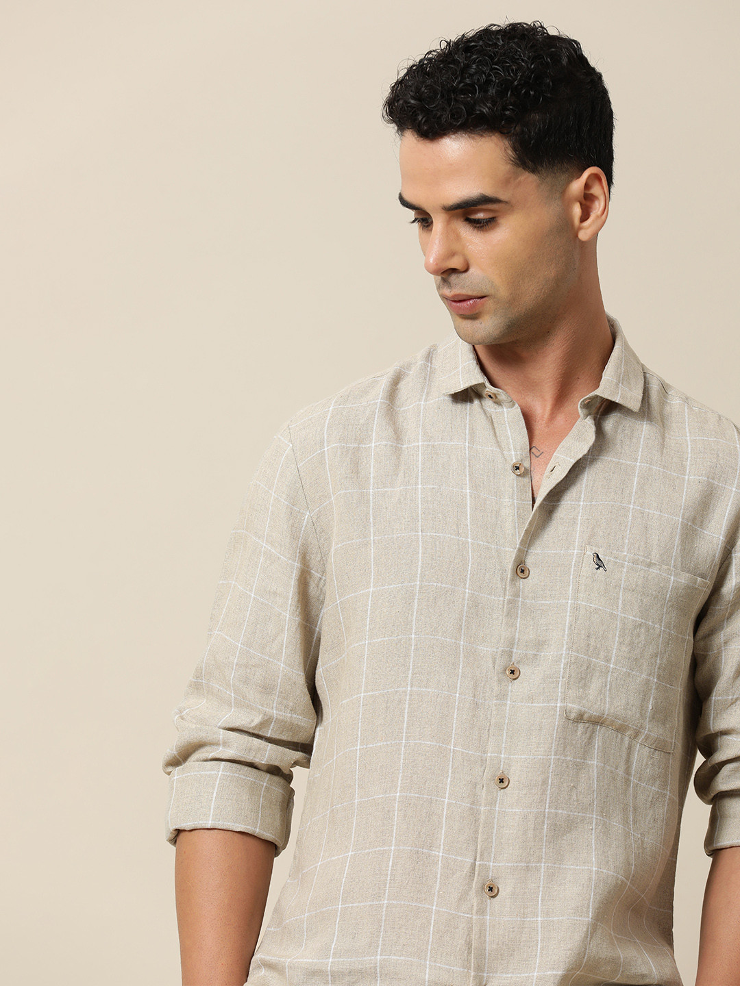 Mr Bowerbird Men Premium Tailored Fit Pure Linen Summer Checks Casual Shirt