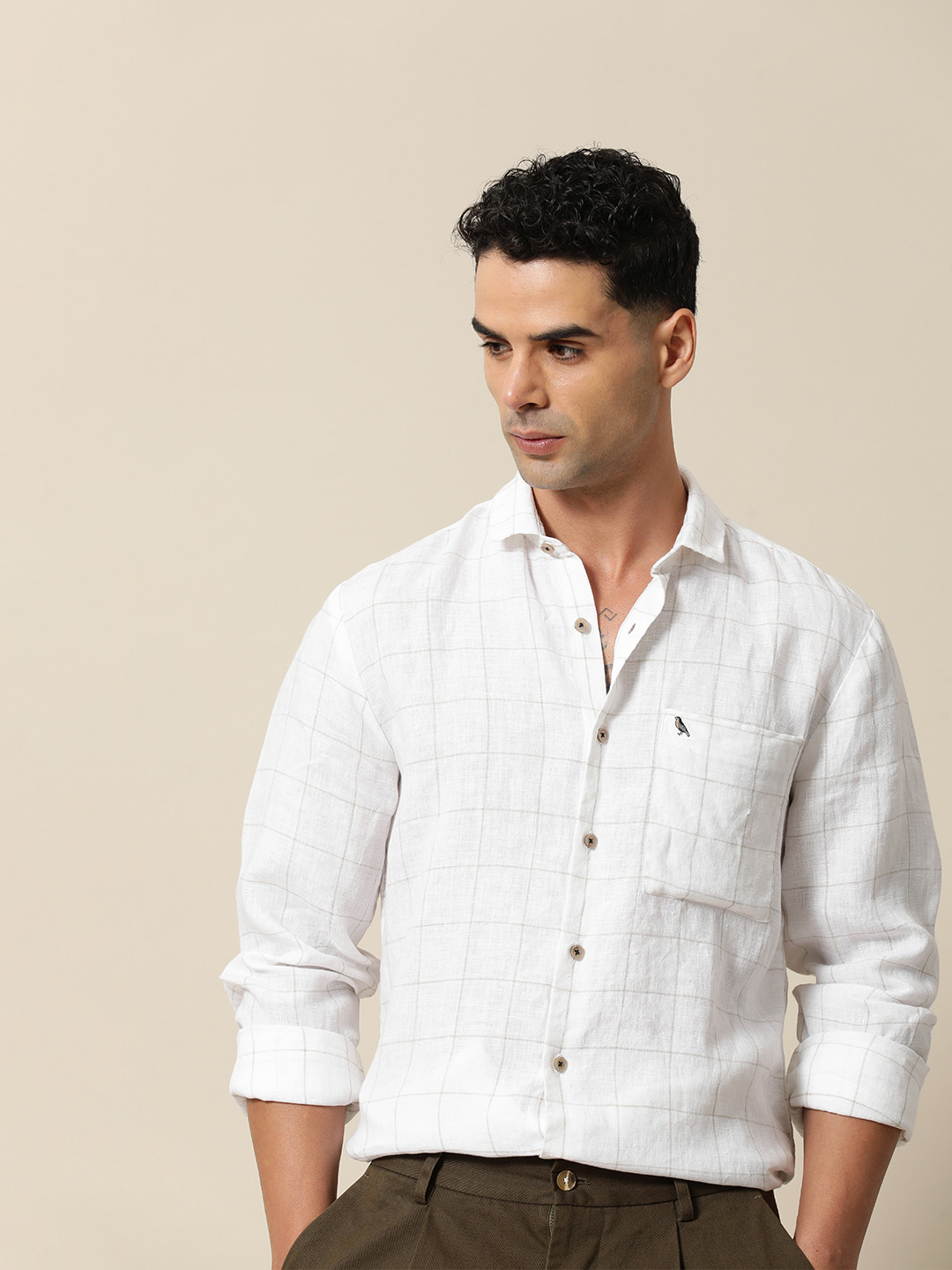 Mr Bowerbird Men Premium Tailored Fit Pure Linen Summer Checks Casual Shirt