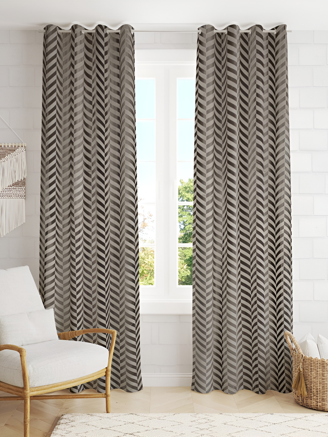 RIDHAAN Grey 2 Pieces Zig Zag Embellished Room Darkening Velvet Window Curtain