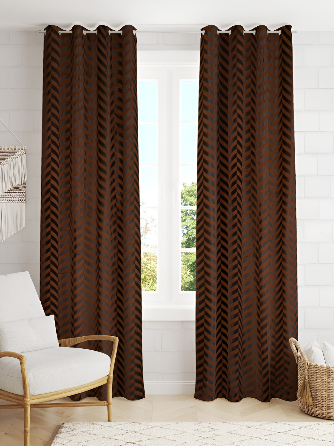RIDHAAN Brown 2 Pieces Zig Zag Embellished Darkening Velvet Window Curtains
