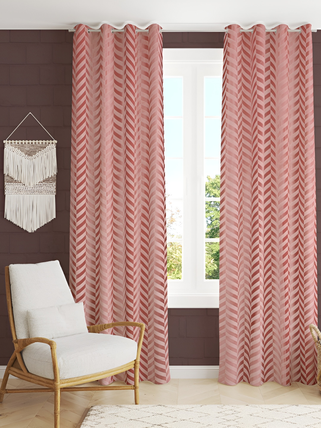 RIDHAAN Pink 2 Pieces Zig Zag Embellished Room Darkening Window Curtain