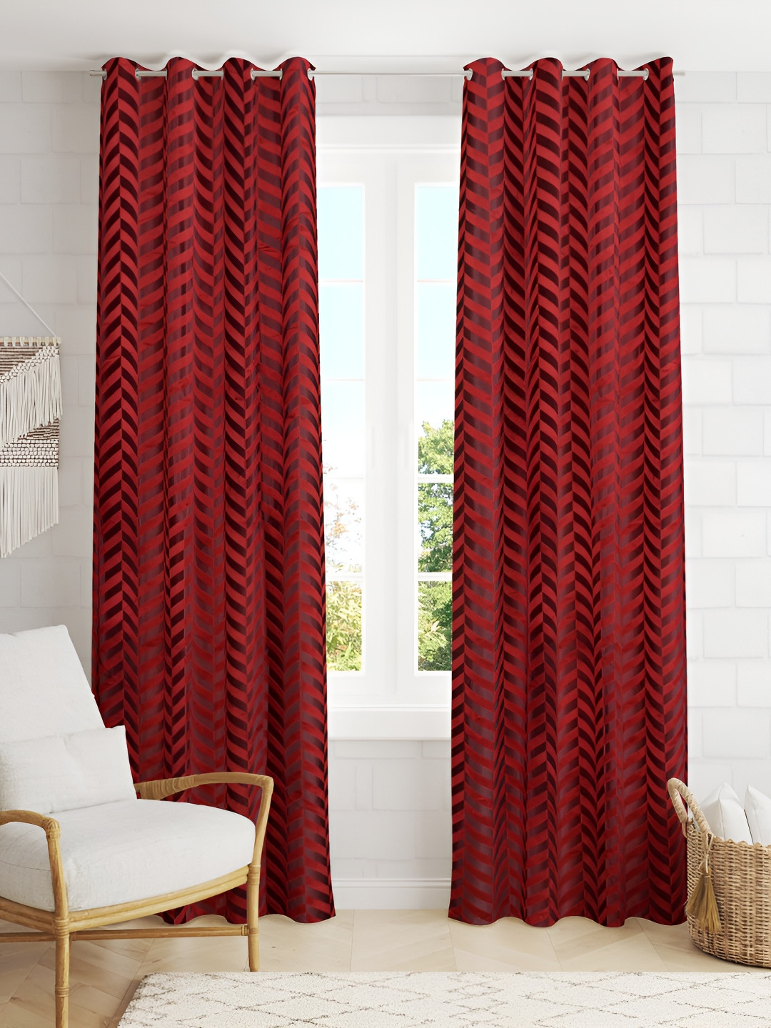 RIDHAAN Maroon & Red 2 Pieces Zig Zag Embellished Room Darkening Velvet Window Curtains