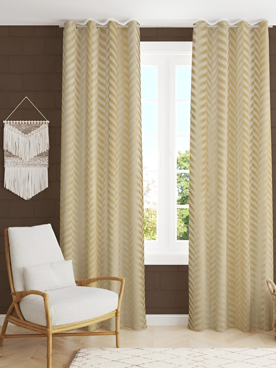 RIDHAAN Cream-Coloured 2 Pieces Zig Zag Embellished Room Darkening Velvet Window Curtain