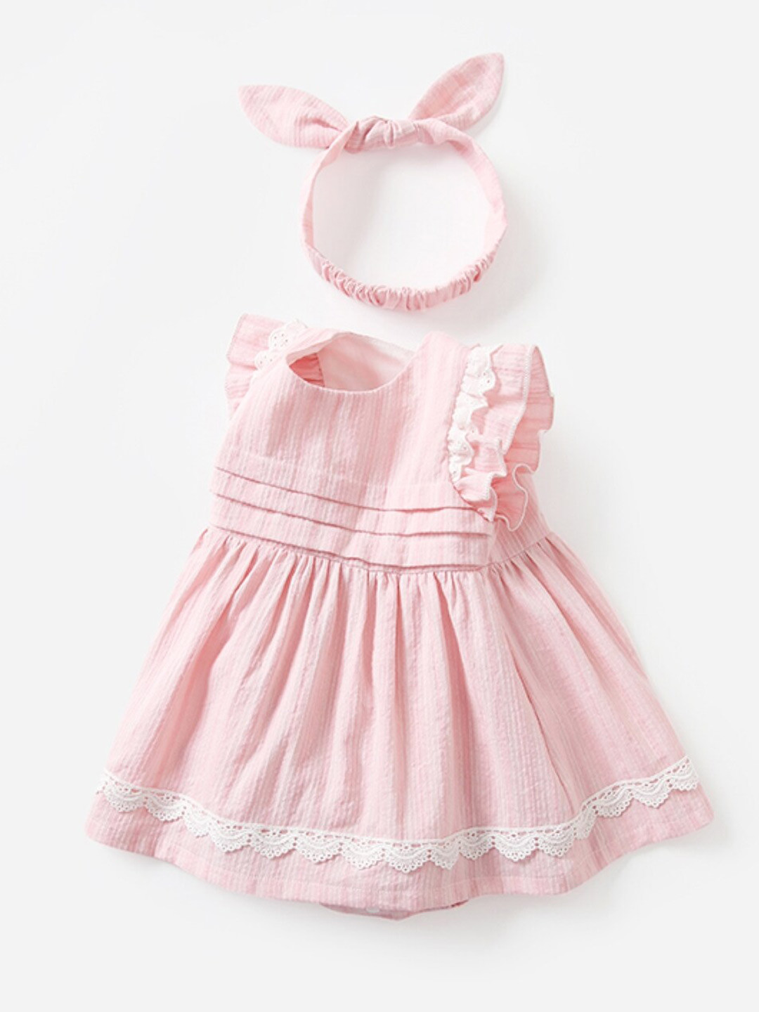 StyleCast Infants Pink Striped Self Design Flutter Sleeves Cotton Fit & Flare Dress